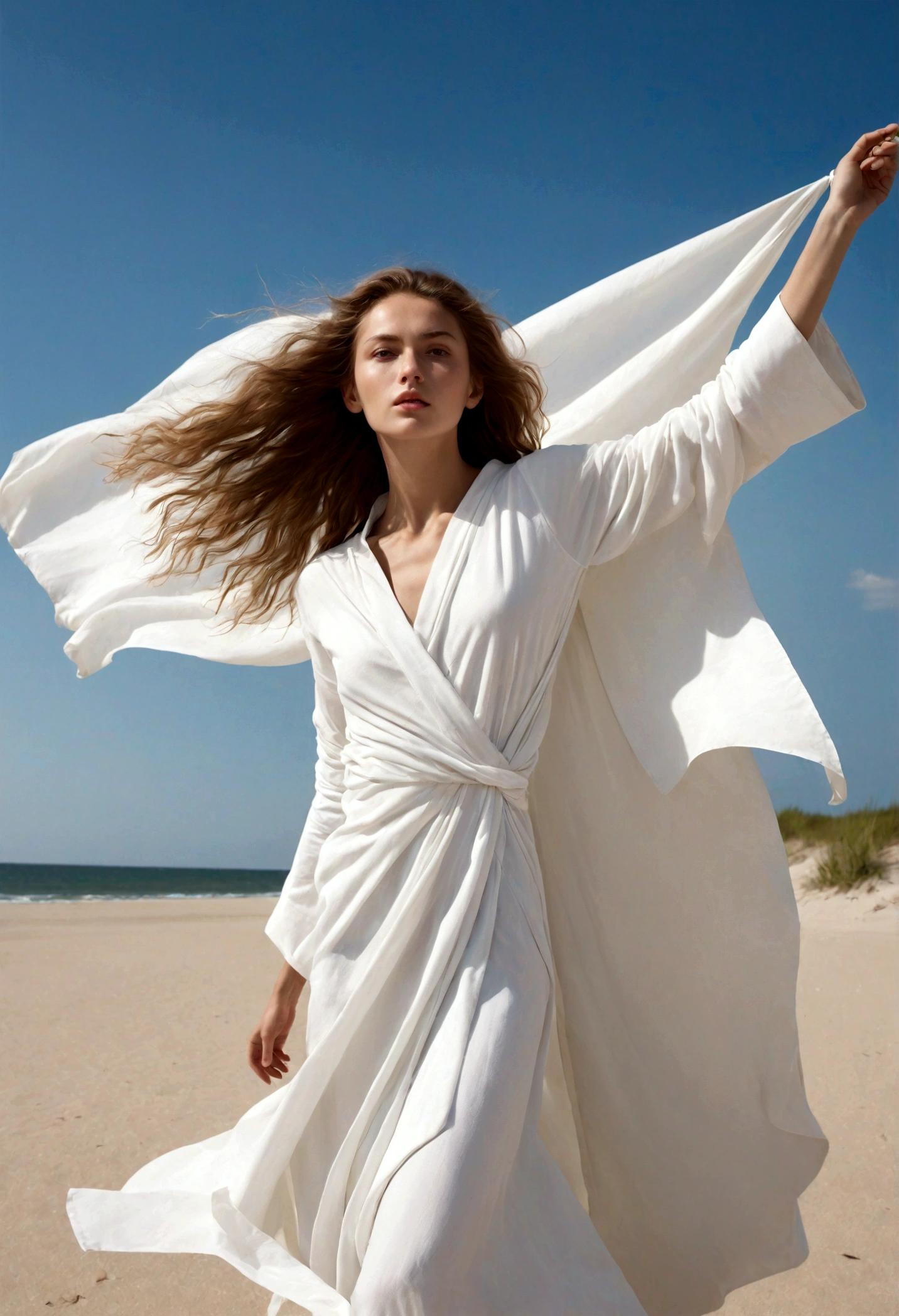 slavic 23 years old model standing on top of a sandy beach, a portrait of issey miyake, slavic features, flowing white robes, open skies, wind blowing and hair flowing, holding a white flag, the energy is released, cuban setting, euphoric, mana in the air,