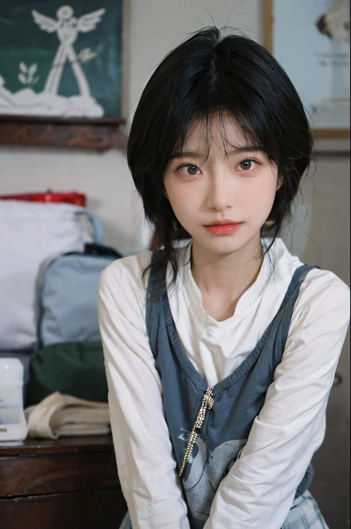Best quality,Ultra-high resolution,(lifelike:1.4),Cute hairpin,2girll,Sparkling eyes,Short blue hair,jk,Snow-white skin,Blush,Slim beauty,At school,Ultra-fine face,Exquisite eyes,Double eyelids,