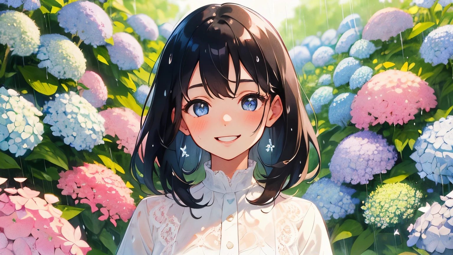 A young girl with black hair, in the rain, Surrounded by hydrangeas, Sparkling eyes, masterpiece, White lace blouse, smile