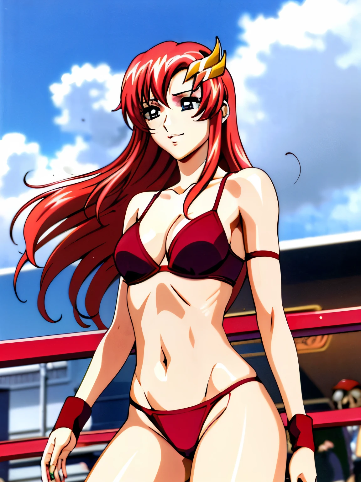 lacus4, (red bikini, running, thong, masterpiece, cowboy shot, very slim shoulders, 4K, Best Quality, Anime style: 1.9, happy, Adult Woman, ((super detailed face)), (Crowd, cloud background), Drawing lines, high resolution, lacus4), 1girl, Solo, curvy figure, clavicle, scapular, (Detailed wide hair bangs, Hair Ornament, Detailed reddish-pink hair, long hair, shiny streaks, no arms, detailed golden crest), cleavage, large hands, (hair cover shoulders). (Big blue eyes, shiny eyes), ((female wrestler, (slim body), no arms, thighs)), ((perfect proportions, medium-small breasts, medium thighs, long belly)), ((totally red bra, red arm band, red arm band, very detailed hair)), smile with a wink, (standing, hot colors), detailed fingers, (bare shoulders)
