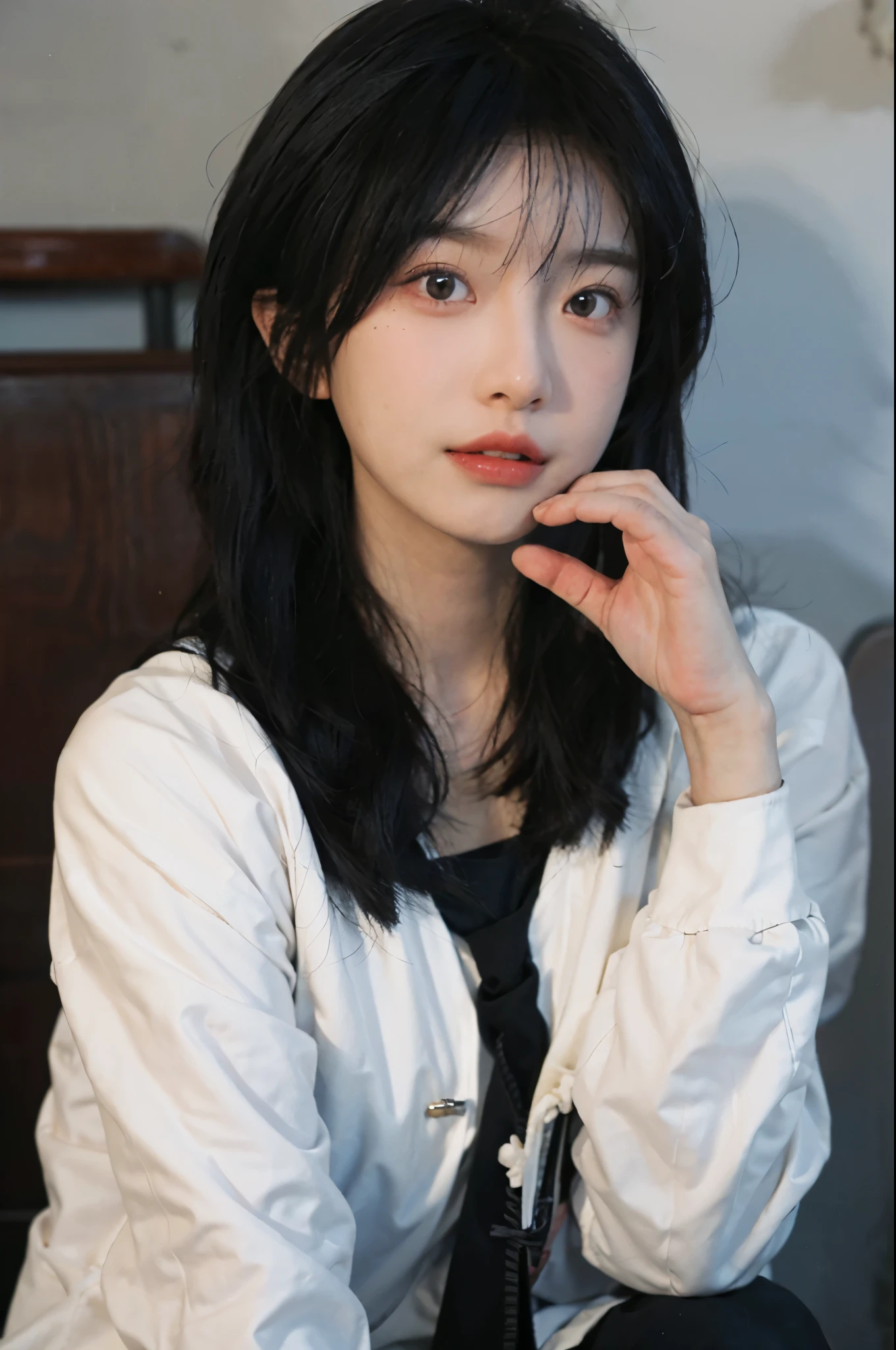 Best quality,Ultra-high resolution,(lifelike:1.4),Cute hairpin,2girll,Sparkling eyes,Short blue hair,jk,Snow-white skin,Blush,Slim beauty,At school,Ultra-fine face,Exquisite eyes,Double eyelids,