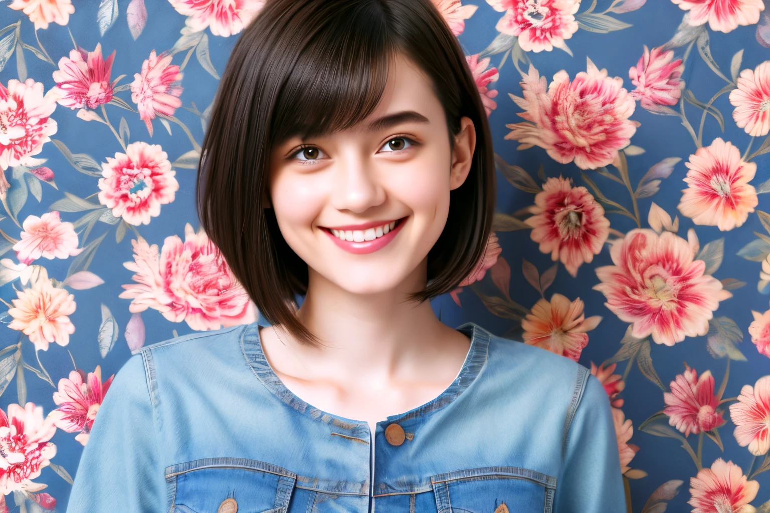 239 18-year-old female, short hair, (Jeans andＴ-shirt), A kind smile, lipstick, (Floral Background、Fractal Patterns)

