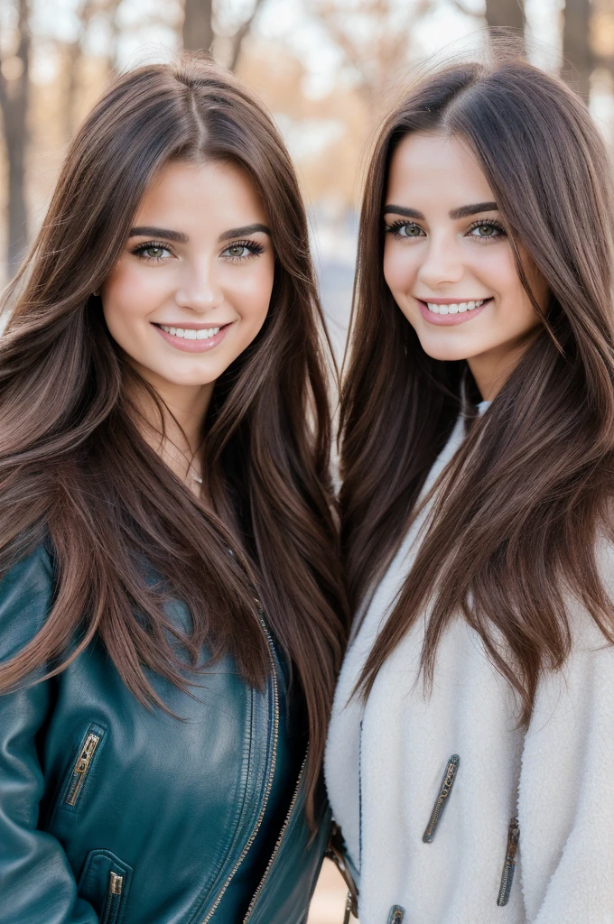Professional photograph, best quality, 8K, hyper detailed, half body, A close up portrait of two gorgeous, beautiful, wonderful women, Argentinian and spanish females together posing for the camera, both women have super long hair, argentinian girl has dark brown hair and spanish girl has light brown hair, the both of them are wearing winter outfits, both girls are wearing leather jackets. Both women are wonderful, dream, ethereal, timeless, majestic beauties from Argentina and Spain. Hispanic dream beauties who comes to the hearts. They're glad, smiling and enjoying a day at park in winter. True friendship, they pose happy for the camera.