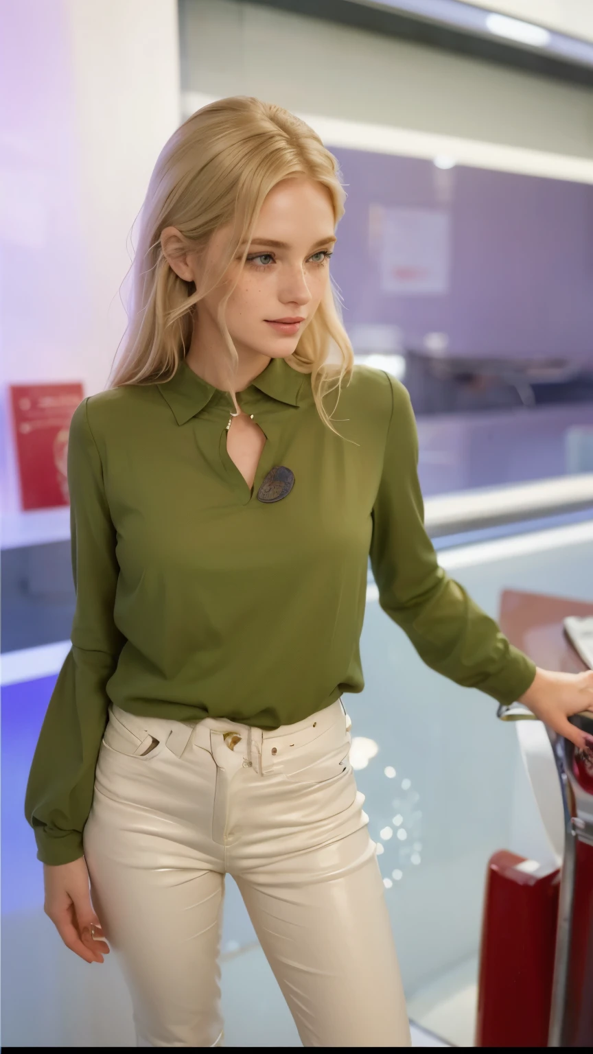 uma mulher, americana, 25 anos, pale skin and freckles, olhos cinzas, nariz delicado, soft and delicate lips, longo, cabelo blondie longo e ondulado na altura da cintura, sorriso meigo, face with delicate feminine facial features, altamente renderizado, white leather pants