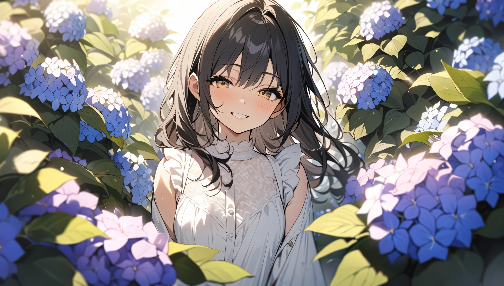 A young girl with black hair, sunny, Surrounded by hydrangeas, masterpiece, White lace blouse, smile