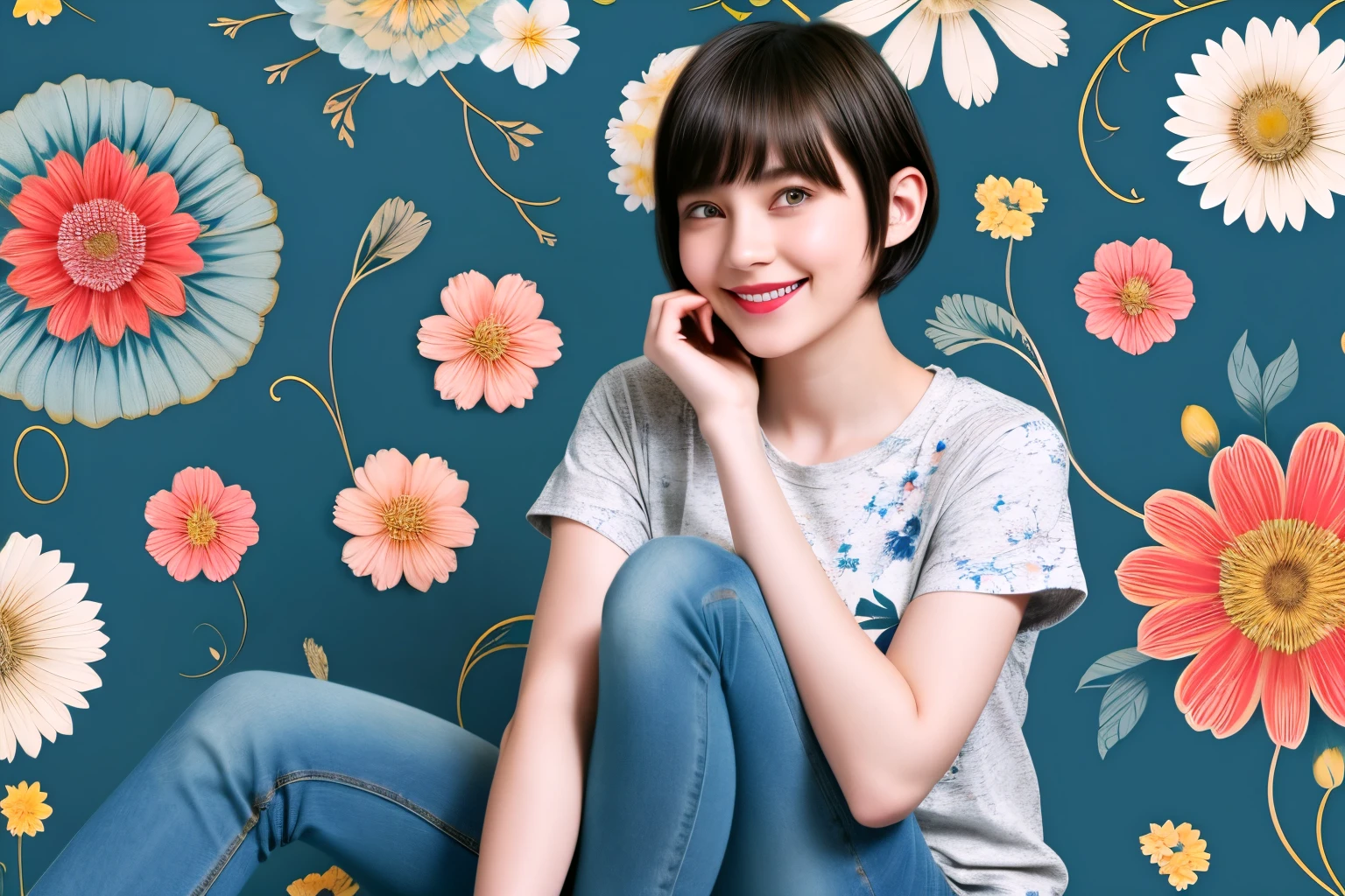 239 18-year-old female, short hair, (Jeans andT-shirt), A kind smile, lipstick, (Floral Background、Fractal Patterns)