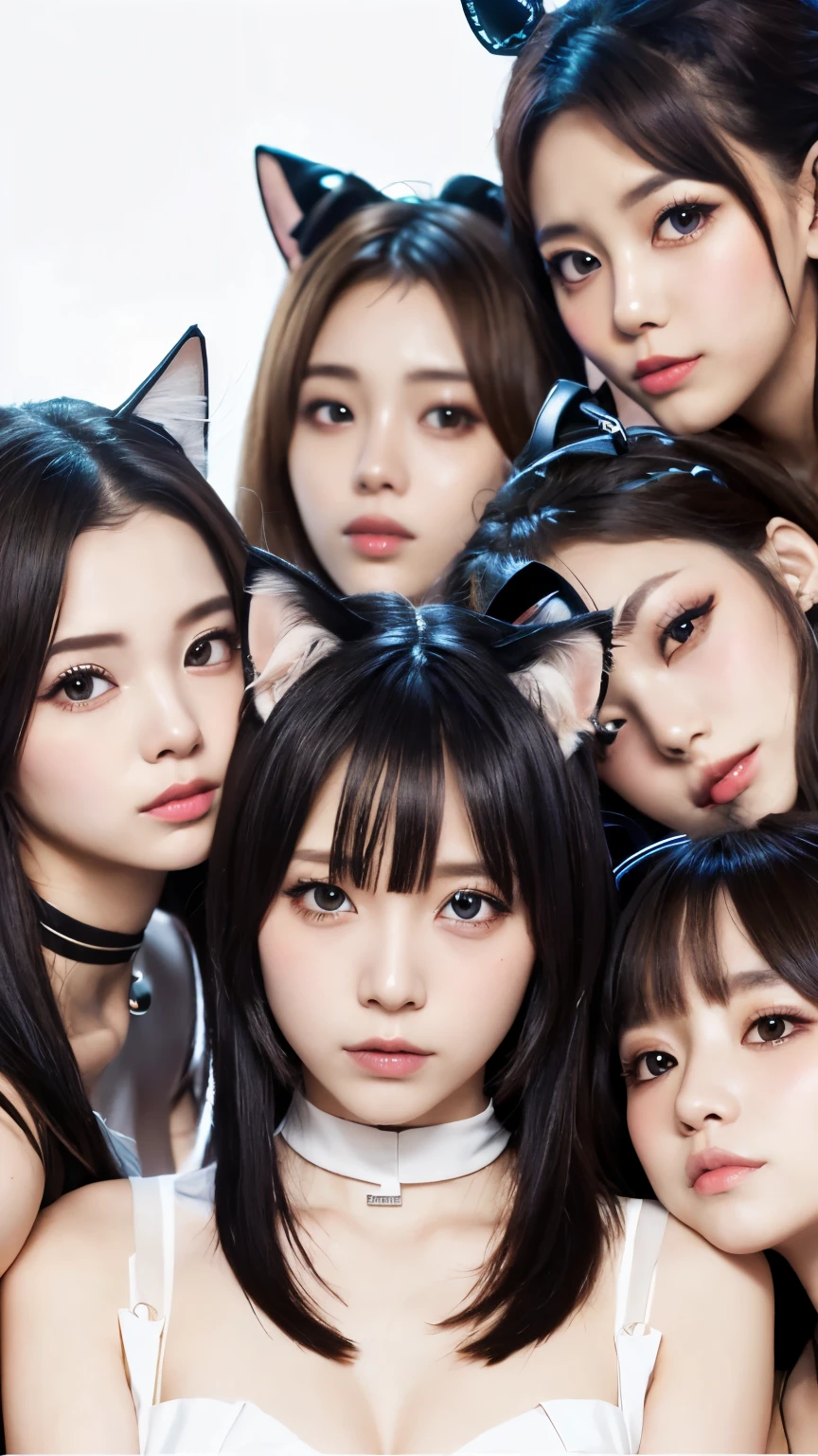 masterpiece, 4k, Bokeh, beautiful face, Harem, (multiple girls:1.4), (Group Photo:1.5), (Cat ears:1.3), (white bob hair:1.3) , looking at the viewer, (white background :1.4), closeup