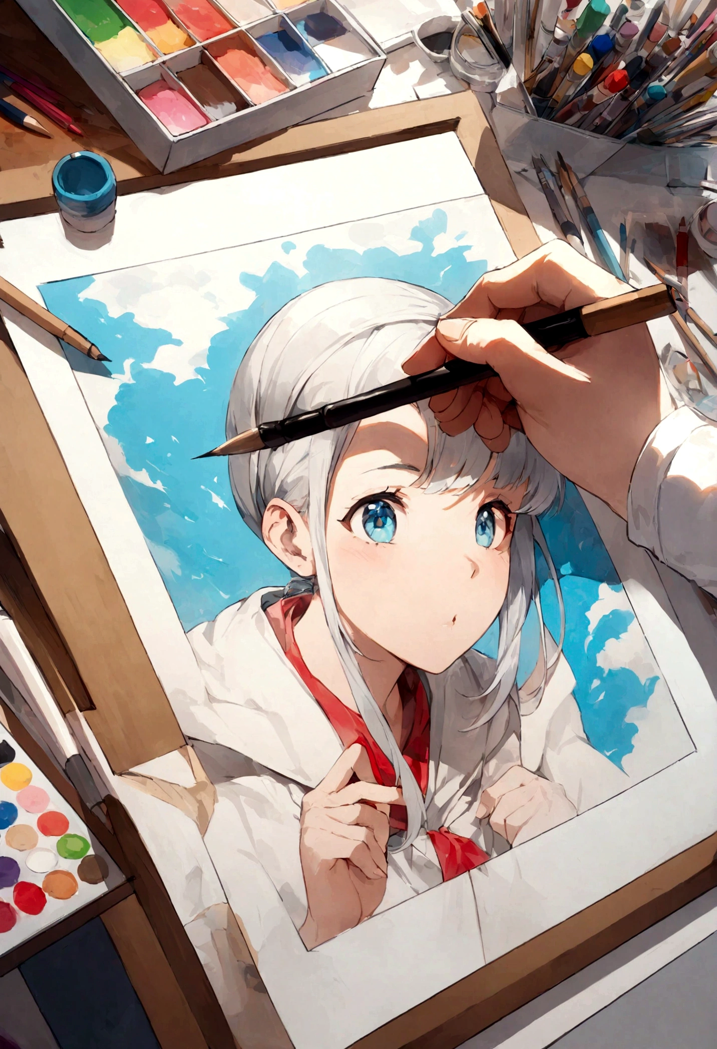 A skilled rabbit painter in a studio, surrounded by art supplies, working on a detailed portrait with focus and precision.