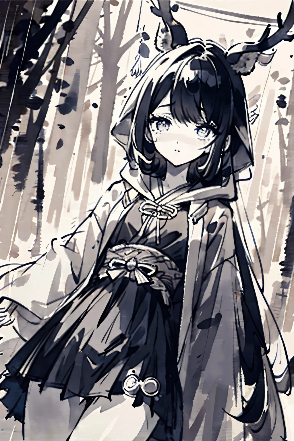 ((highest quality)), ((masterpiece)), (detailed), Monochrome、One girl,Tall girls、poncho、mini skirt、Wearing a hood、Talisman Hood、Deer horn、Bob Hair、blue eyes、Eyes without highlights、Hanging eyes、Beautiful Face、Black Hair、Hair ornament made of strips、Black Arm、Thighs、Rain of Strips、Tanabata Decoration Forest、night、Cowboy Shot