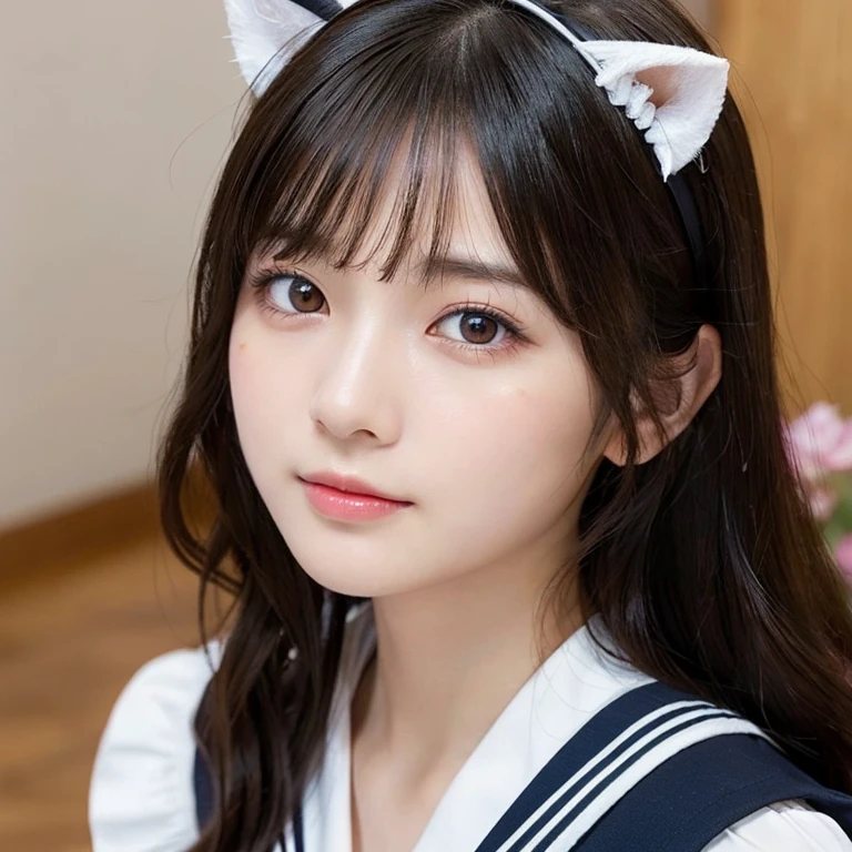 (highest quality,masterpiece:1.3,Ultra-high resolution),(Very detailed,Caustics,8k),(Realistic:1.4,RAW shooting),18-year-old,Japanese,A little sad look，Looking at the camera,Shiny skin, Slender body, Good figure,Rembrandt Lighting, Realistic atmosphere, glossy lips,Soft white skin that shines in every detail,Detailed drawn eyes、Very beautiful eyes,Detailed lips、Beautiful, shining lips,Very beautiful face,Very well-formed face、Beautiful 12 year old girl,、Detailed face,Puff out your cheeks， (Photorealistic:1.2), (highest quality), (Detailed skin:1.3), (Intricate details), Ray Tracing,One girl, In detail,real，Detailed skin texture, Black Hair, Long Hair,Cat ears headband， (Wavy Hair:1.2), (Blunt bangs:1.2), cute, Sailor suit,(Face Focus:1.1),(Face close-up:1.1),(Low position::1.3),(Low Angle::1.3),Retro Cafe，