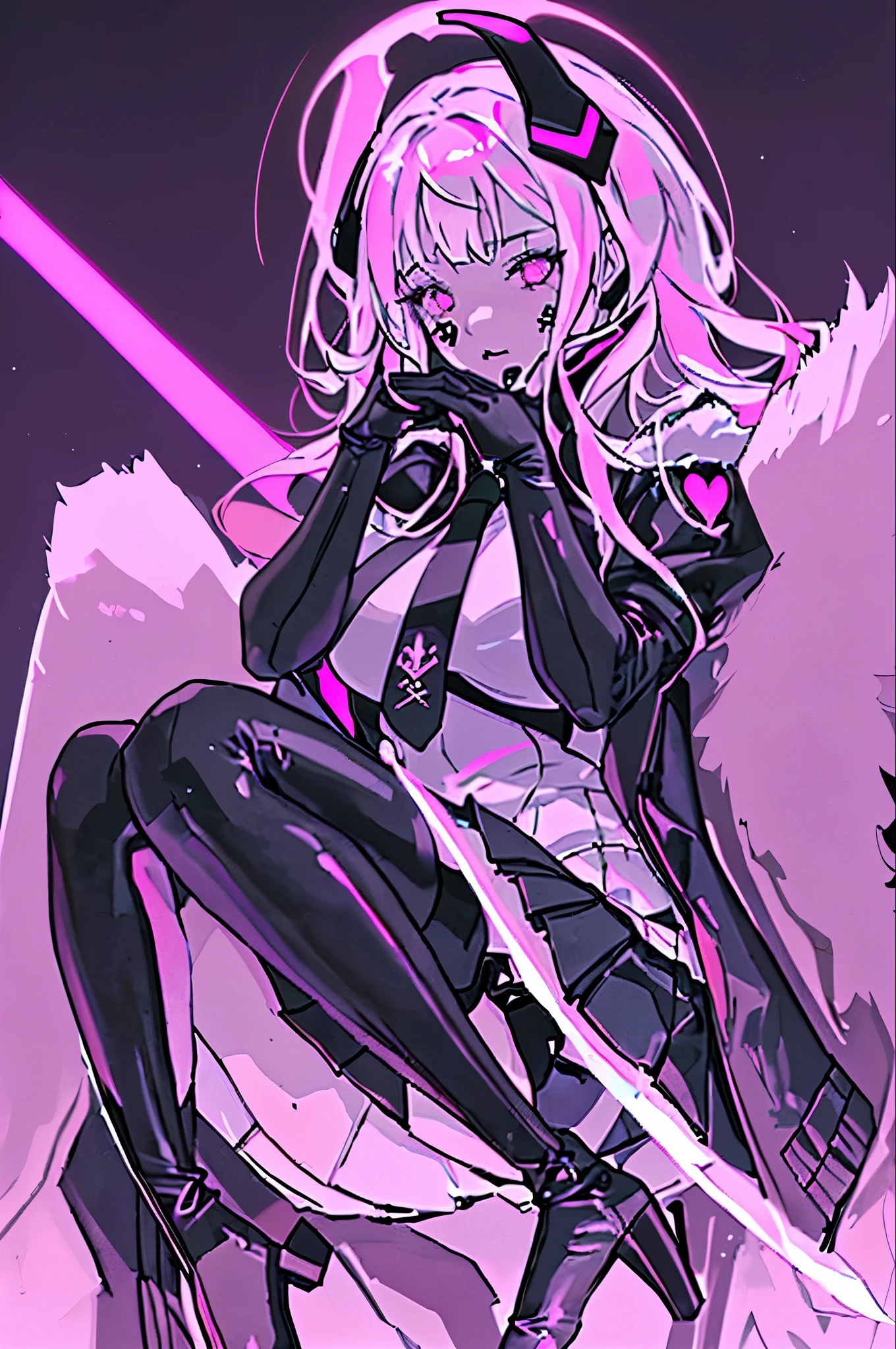 (art, Best quality, ultra detailed, High contrast)
1 woman (One, whole body, plus size body, I'm standing on the edge of a tall skyscraper, silver hair flows loosely into a long ponytail, broken ruby red eyes, filled with sadness,
wearing leggings, form fitting her., Pleated skirt, twirling around her feet, sports top, highlighting her muscular physique, thigh-high boots, and a long fur jacket, which added warmth.,
Her body was decorated with black cybernetics., their neon pink lights glow against the night sky,
There were intricate details on her face.