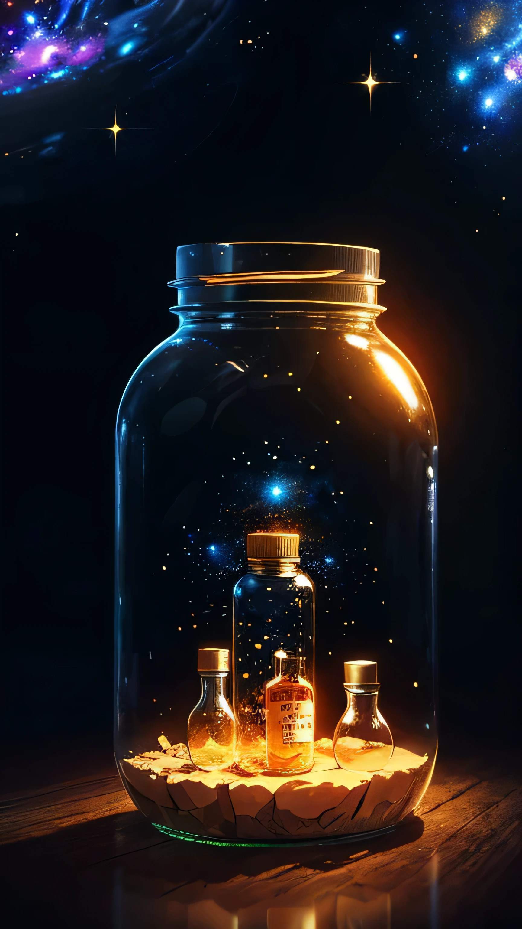 dreamscape in a jar, galaxy in a bottle, beautiful art uhd 4 k, amazing wallpaper, vial of stars, 4k highly detailed digital art, detailed art, glowing jar, beautiful wallpaper, beautiful digital artwork, 4k detailed digital art, very beautiful digital art.