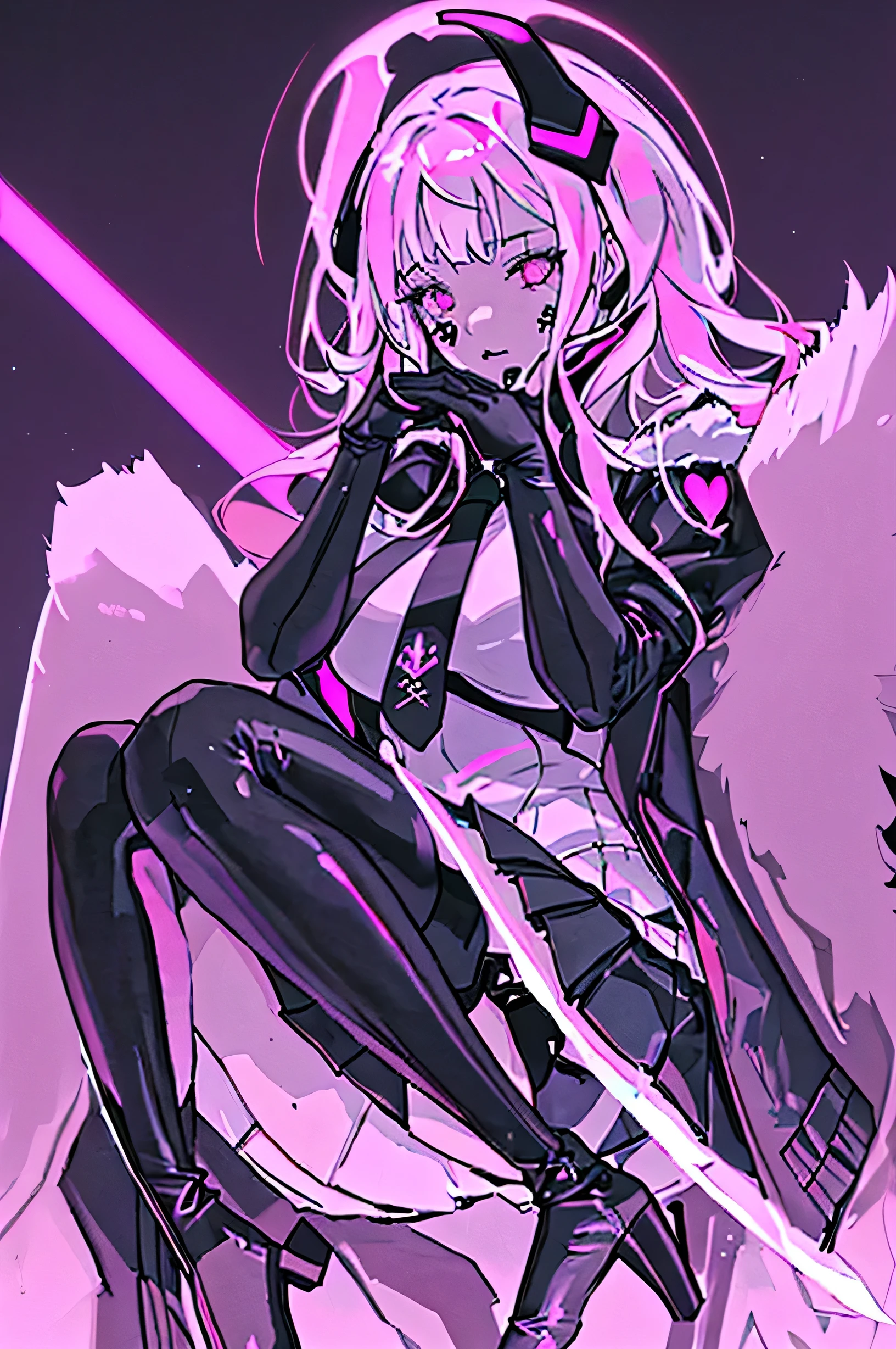 (art, Best quality, ultra detailed, High contrast)
1 woman (One, whole body, plus size body, I'm standing on the edge of a tall skyscraper, silver hair flows loosely into a long ponytail, broken ruby red eyes, filled with sadness,
wearing leggings, form fitting her., Pleated skirt, twirling around her feet, sports top, highlighting her muscular physique, thigh-high boots, and a long fur jacket, which added warmth.,
Her body was decorated with black cybernetics., their neon pink lights glow against the night sky,
There were intricate details on her face.