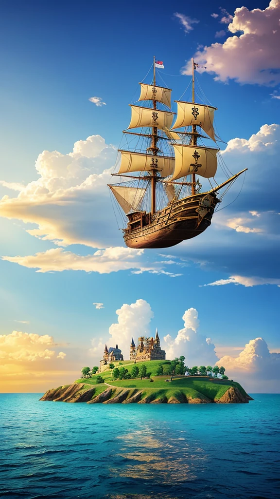 landscape,Castle in the sky,Pirate ship floating in the sky,cloud,