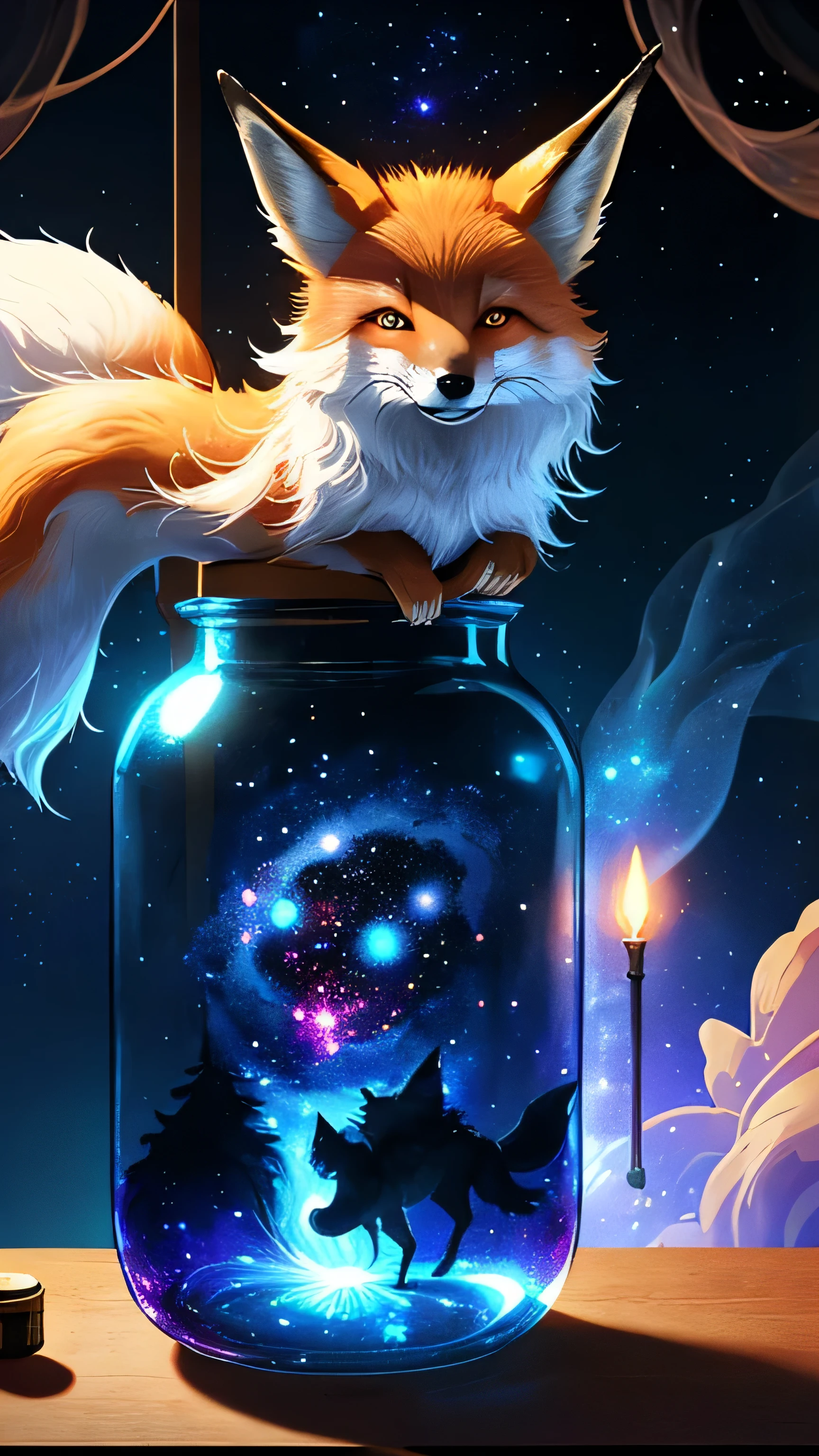 there is a jar with a picture of a fluffy fox in it, dreamscape in a jar, galaxy in a bottle, beautiful art uhd 4 k, amazing wallpaper, vial of stars, 4k highly detailed digital art, detailed art, glowing jar, ethereal fox, beautiful wallpaper, fantasy fox love, beautiful digital artwork, 4k detailed digital art, very beautiful digital art.