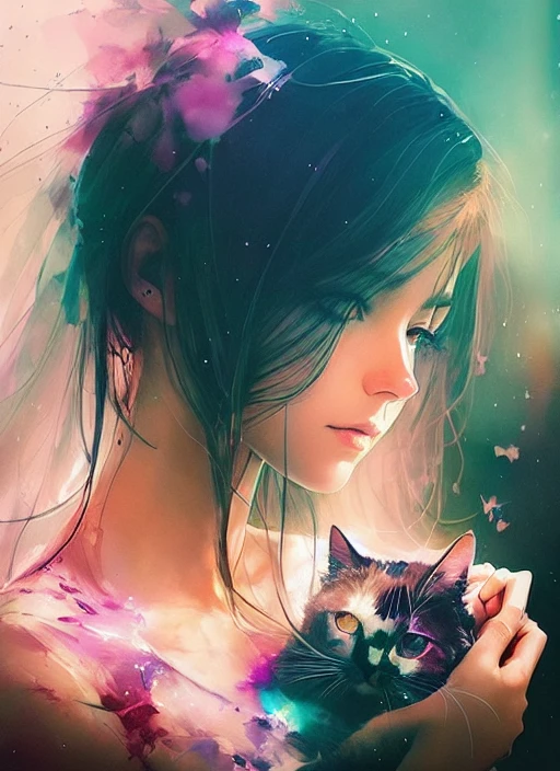 a cat woman by agnes cecile, luminous design, pastel colours, ink splash, autumn lights