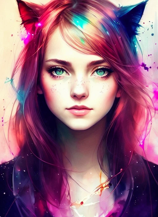 a cat woman by agnes cecile, luminous design, pastel colours, ink splash, autumn lights