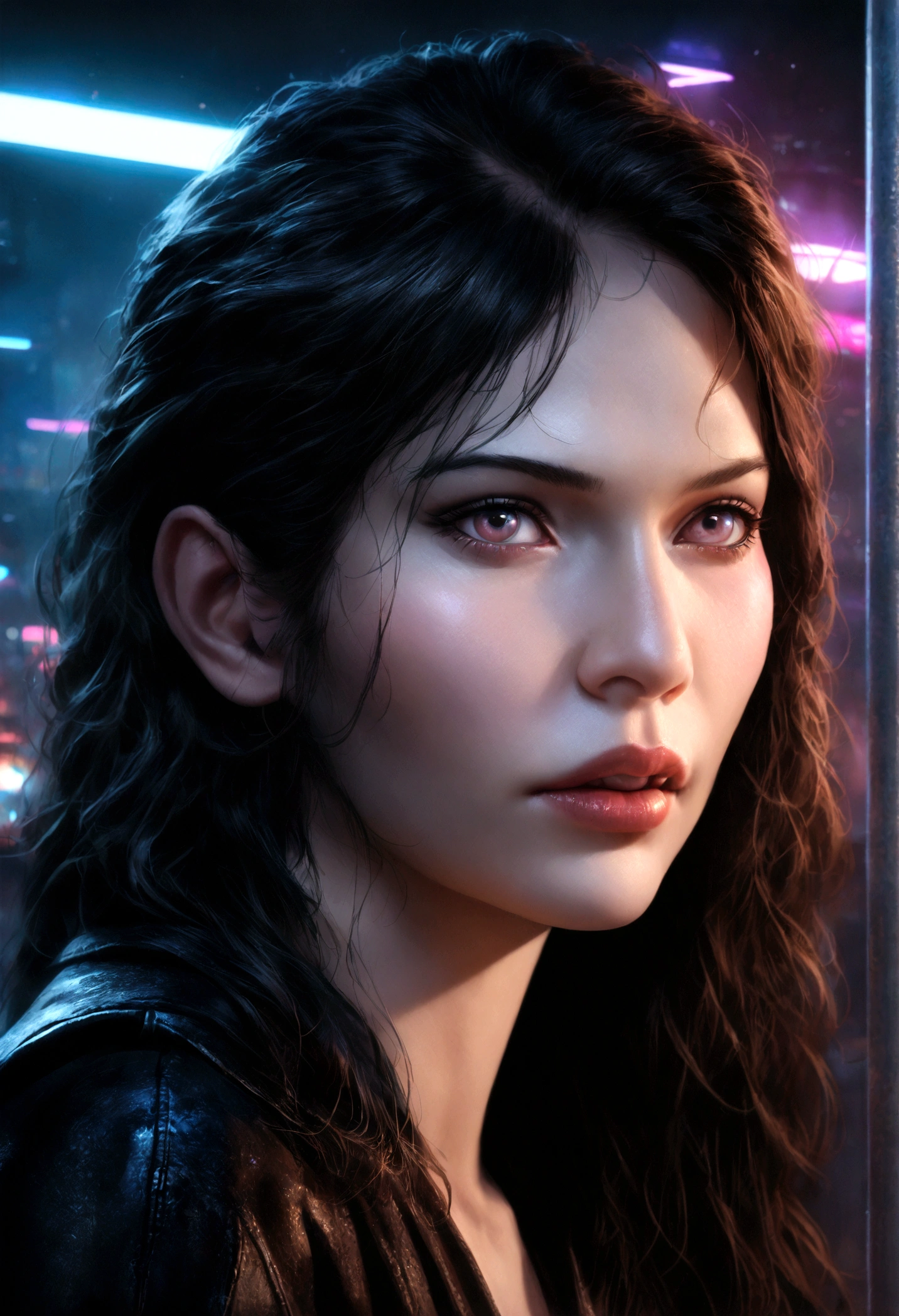 a woman in a tight black leather dress under a neon sign in a dark city of bars and nightclubs, beautiful detailed eyes, beautiful detailed lips, extremely detailed eyes and face, long eyelashes, dark moody atmosphere, neon lights, cyberpunk, cinematic, dramatic lighting, sci-fi, (best quality,4k,8k,highres,masterpiece:1.2),ultra-detailed,(realistic,photorealistic,photo-realistic:1.37)