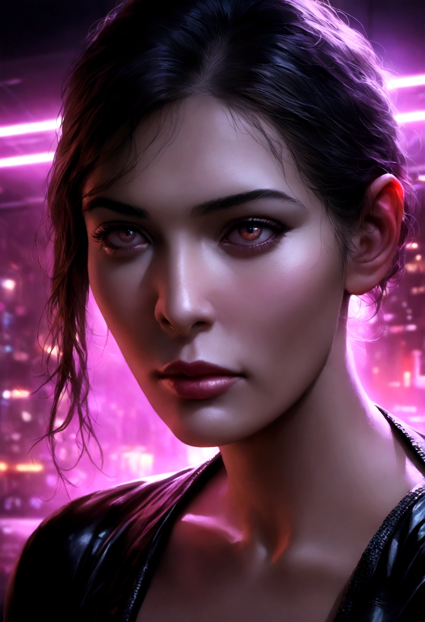 a woman in a tight black leather dress under a neon sign in a dark city of bars and nightclubs, beautiful detailed eyes, beautiful detailed lips, extremely detailed eyes and face, long eyelashes, dark moody atmosphere, neon lights, cyberpunk, cinematic, dramatic lighting, sci-fi, (best quality,4k,8k,highres,masterpiece:1.2),ultra-detailed,(realistic,photorealistic,photo-realistic:1.37)