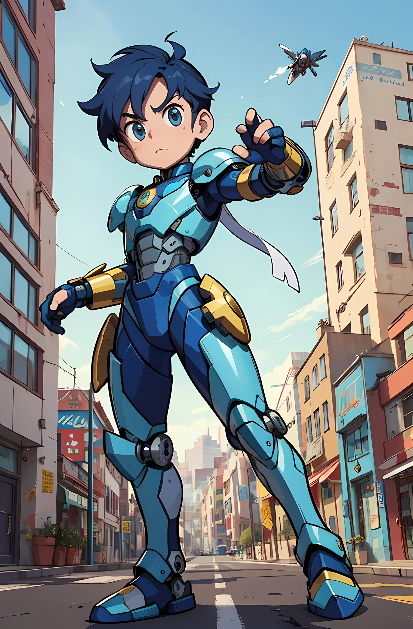 Imagem detalhada de desenho animado de um jovem em um armadura azul e dourado, boy with mecha cybernetic armor, garoto de armadura, nanoboy, Hero 2d Fanart Artsation, cyber fight armor, megaman, epic comic book style, ciborgue, garoto de anime do futuro, lindo garoto ciborgue, cyber suit, Terno Mecha, android hero