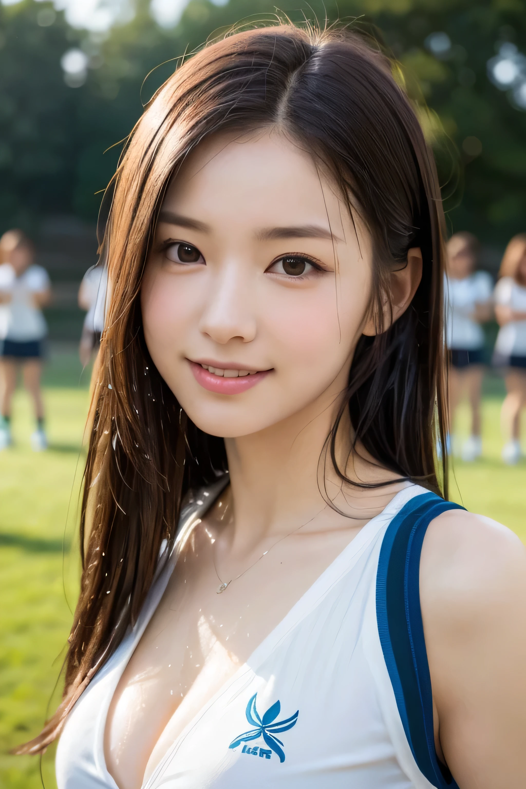 (8k、live-action、Raw photo、highest quality、masterpiece:1.2),(Outdoors),((Perfect lighting)),(Wet hair),Watching the audience,Sexy pose, cute smile,18-year-old,student,White skin,knees,Small Face,Part the front hair from the center、The forehead is visible,skinny,skinny)、masterpiece,highest quality、超A high resolution,one person, solo,Close-up shot、cute、Back to Students,(Sporty clothes:1.3),High school girl,Japanese women,(Photoreal:1.37)、Photon Mapping,Realistic、cuteSmall Face,Brown eyes、prospect、Depth of written boundary、Blurred Background、Real,(I can see the front hair), hair, I can see the knees, thigh,(Nogizaka Idol), actress、Big and ample breasts、Cleavage、Super fine、Low people、(Skin with visible pores:1.2)、(Focus on the face)、8 heads、Natural neck、Check and correct the skeleton