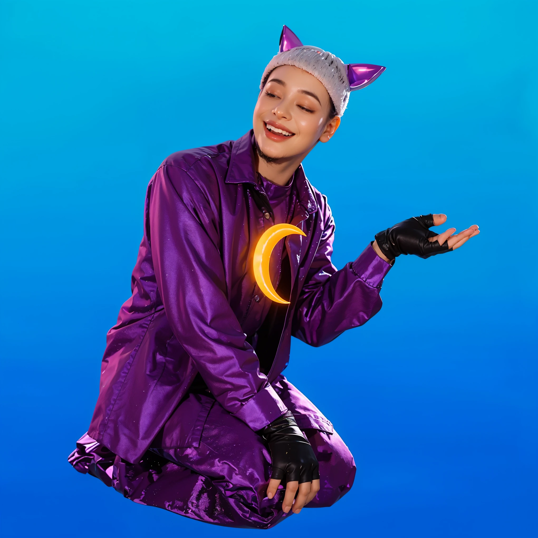 A 3D, glossy model of a person dressed in a shiny, purple outfit with cat ears and holding a glowing crescent moon. The lighting is realistic, soft, and non-contrasting, creating a slightly blurred effect. The overall atmosphere is smooth and polished, enhancing the glossy texture of the outfit and the glow of the crescent moon, giving the scene a lifelike and dreamy appearance. cartoon key frame rendering, cute 3D rendering,,Create ultra sharp  цветной рендеринг zbrush. perfect cgi, cgi art created only with gradients, smooth silhouette, Create ultra sharp skin, high intensity refraction, (plastic material), most beautiful vfx, blue background, plastic refractions, glossy texture, smooth 3d model, multiple light sources, rim light, sharp post effects render, (glossy plastic texture with multiple big light probe refractions), perfect cgi, cgi art created only with gradients, smooth silhouette, high intensity refraction, (plastic material), most beautiful vfx, blue background