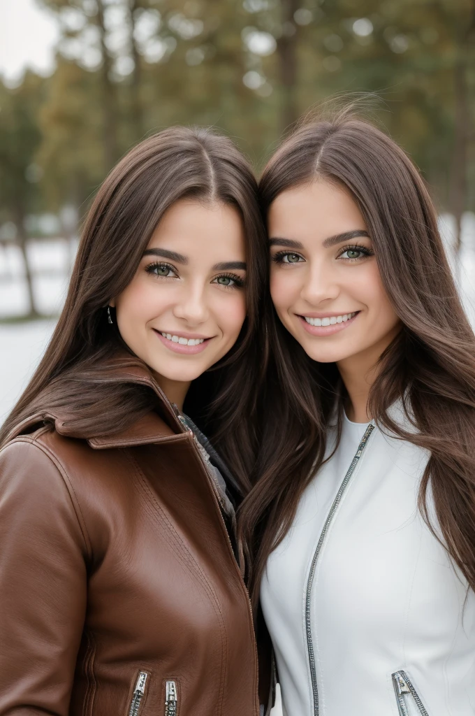 Professional photograph, best quality, 8K, hyper detailed, half body, A close up portrait of two gorgeous, beautiful, wonderful women, Argentinian and spanish females together posing for the camera, both women have super long hair, argentinian girl has dark brown hair and spanish girl has light brown hair, the both of them are wearing winter outfits, both girls are wearing leather jackets. Both women are wonderful, dream, ethereal, timeless, majestic beauties from Argentina and Spain. Hispanic dream beauties who comes to the hearts. They're glad, smiling and enjoying a day at park in winter. True friendship, they pose happy for the camera.
