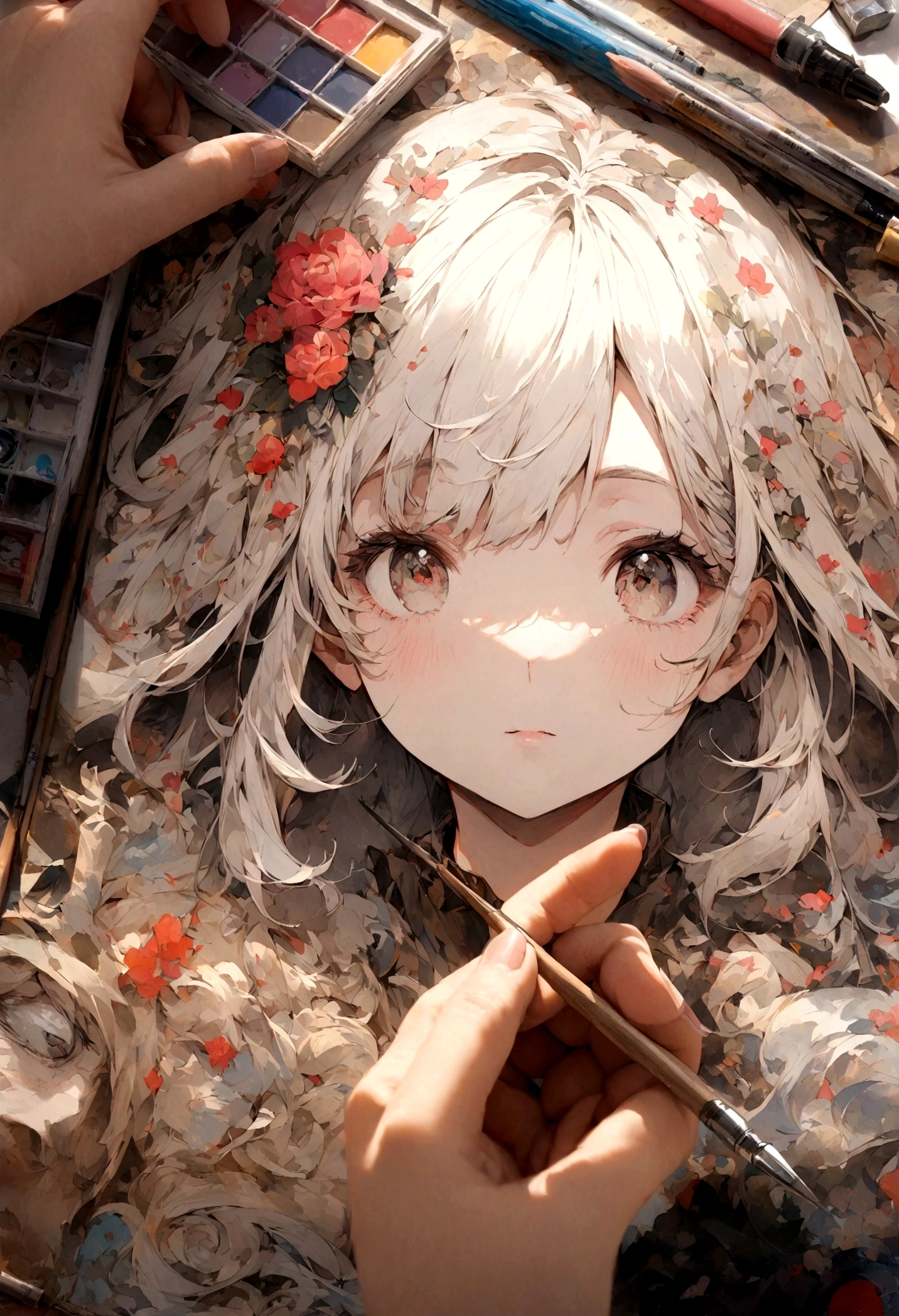 A skilled rabbit painter in a studio, surrounded by art supplies, working on a detailed portrait with focus and precision.