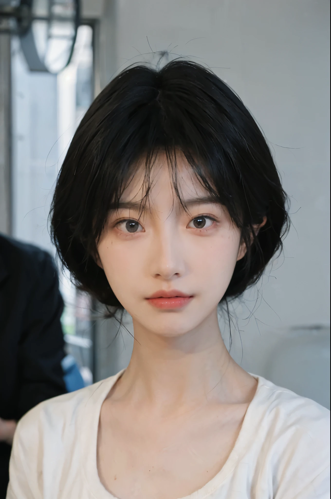 Best quality，Ultra-high resolution，（lifelike：1.4），Cute hairpin，2girll，Sparkling eyes，Short blue hair，jk，Snow-white skin，Blush，Slim beauty，At school，Ultra-fine face，Exquisite eyes，Double eyelids，