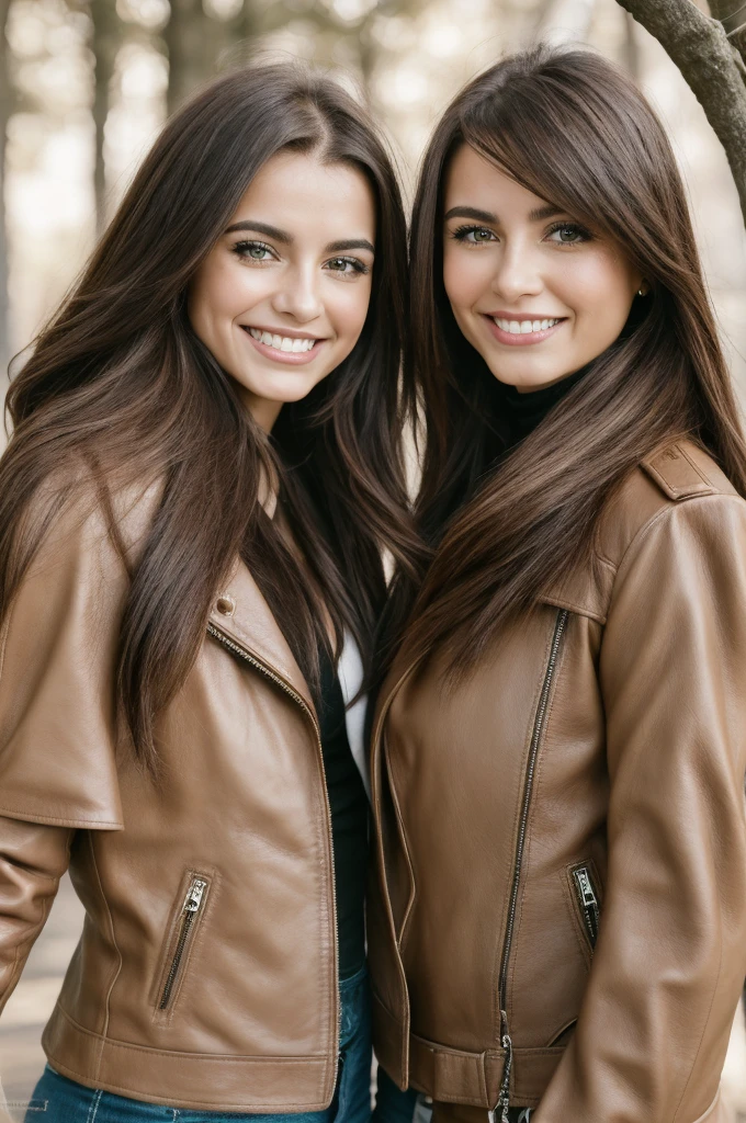 Professional photograph, best quality, 8K, hyper detailed, half body, A close up portrait of two gorgeous, beautiful, wonderful women, Argentinian and spanish females together posing for the camera, both women have super long hair, argentinian girl has dark brown hair and spanish girl has light brown hair, the both of them are wearing winter outfits, both girls are wearing leather jackets. Both women are wonderful, dream, ethereal, timeless, majestic beauties from Argentina and Spain. Hispanic dream beauties who comes to the hearts. They're glad, smiling and enjoying a day at park in winter. True friendship, they pose happy for the camera.
