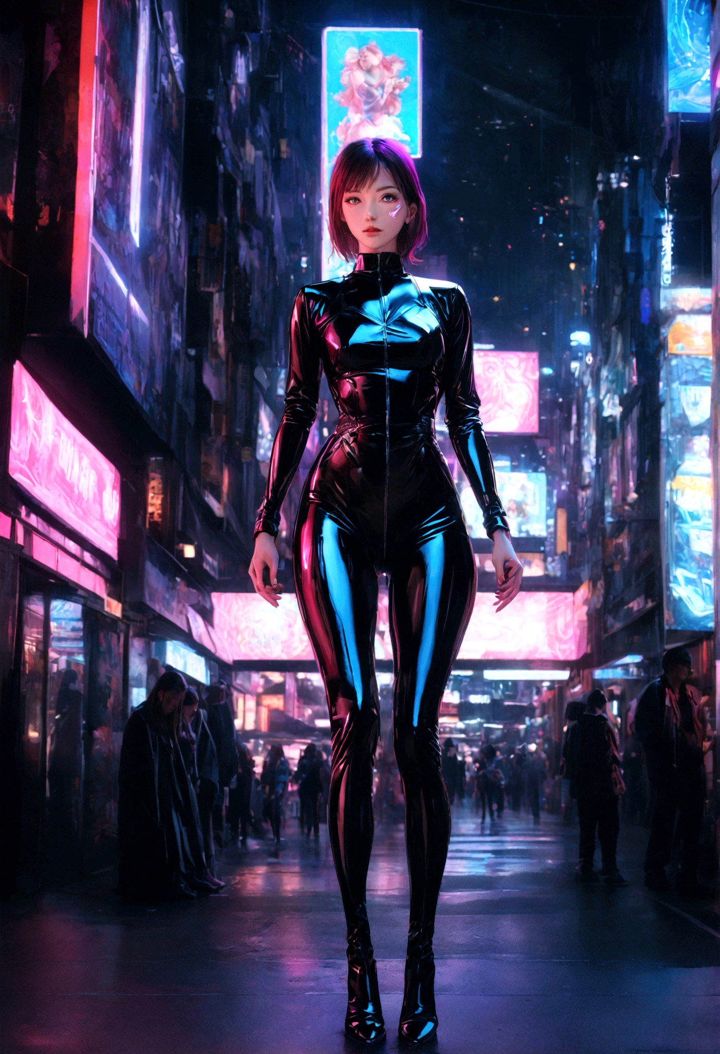 a beautiful woman in a tight black leather dress standing under a neon sign in a futuristic city, full body shot, detailed facial features, high fashion, cinematic lighting, vibrant colors, photorealistic, 8k, high resolution, best quality