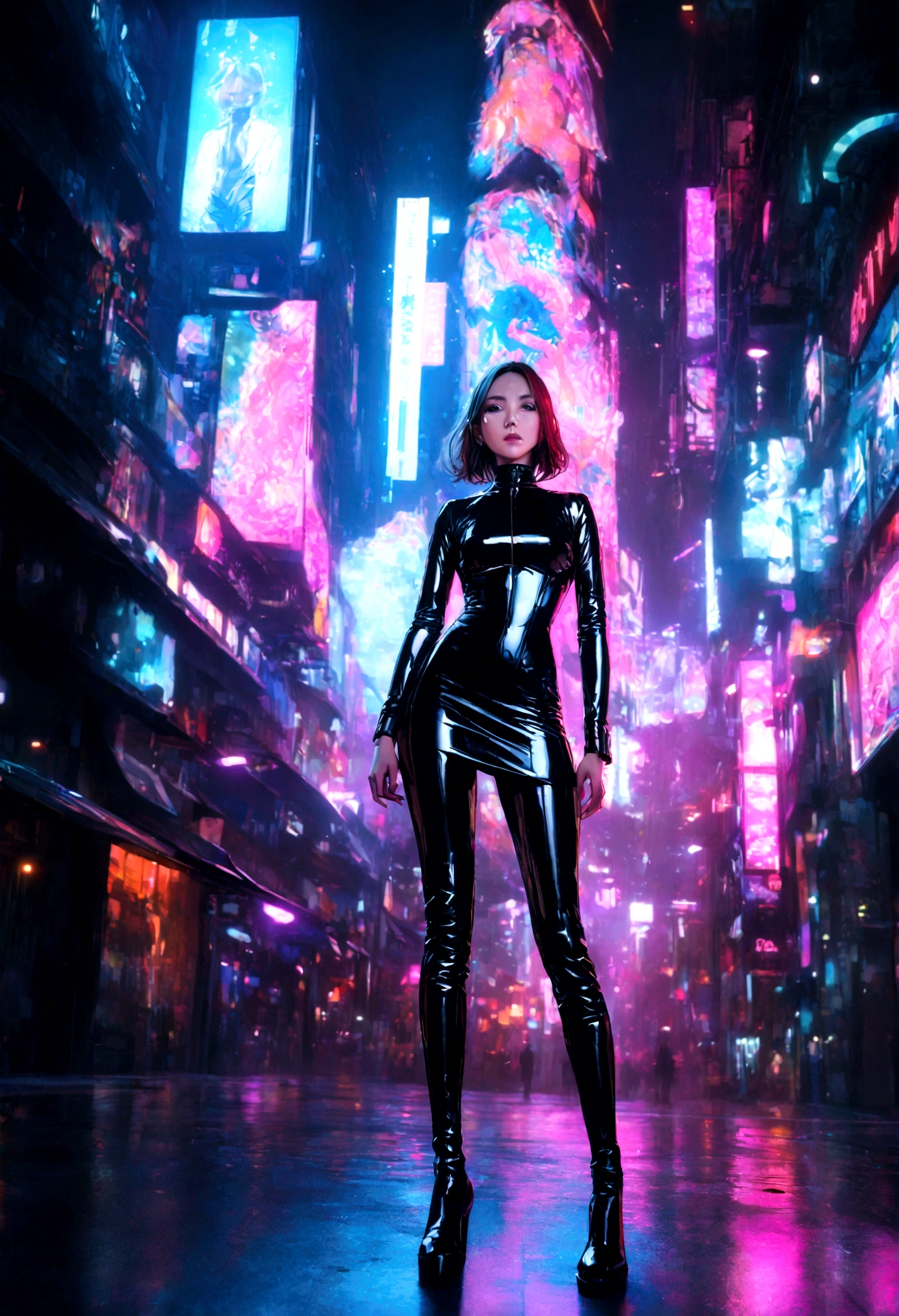 a beautiful woman in a tight black leather dress standing under a neon sign in a futuristic city, full body shot, detailed facial features, high fashion, cinematic lighting, vibrant colors, photorealistic, 8k, high resolution, best quality