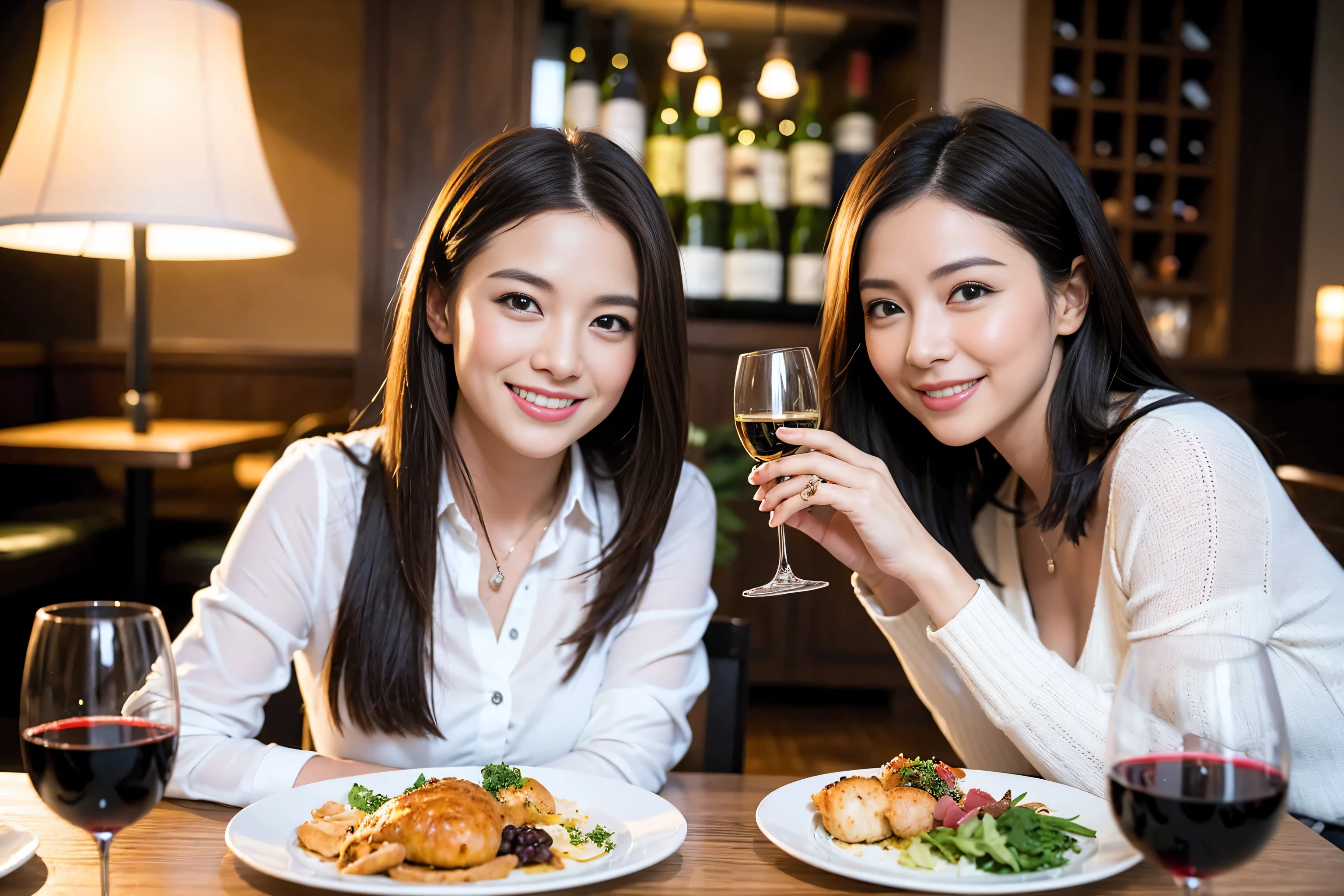 ((highest quality、8k、masterpiece:1.3))、1 male 1 female、lover、Beautiful couple、Smile、full-course dinner、 (Slim face), (the body is スリム), (Brown Hair), (Shortcuts), ((Bob Hale、Straight hair:1.2)), Wine glass on the table、shine a light on your face、 Amazing view of the sunset sky and clouds、The beauty of a smile、Bright image、Blushing, Shortcuts, (Age 35), 39 years old, Appetizers、Italian food、Wine bottle、Champagne、sparkling wine、Long sleeve shirt、dress、Attractive beauty、restaurant, Nova Frog Style, actress, model, Upper Body, White wine, red wine, wine glass,