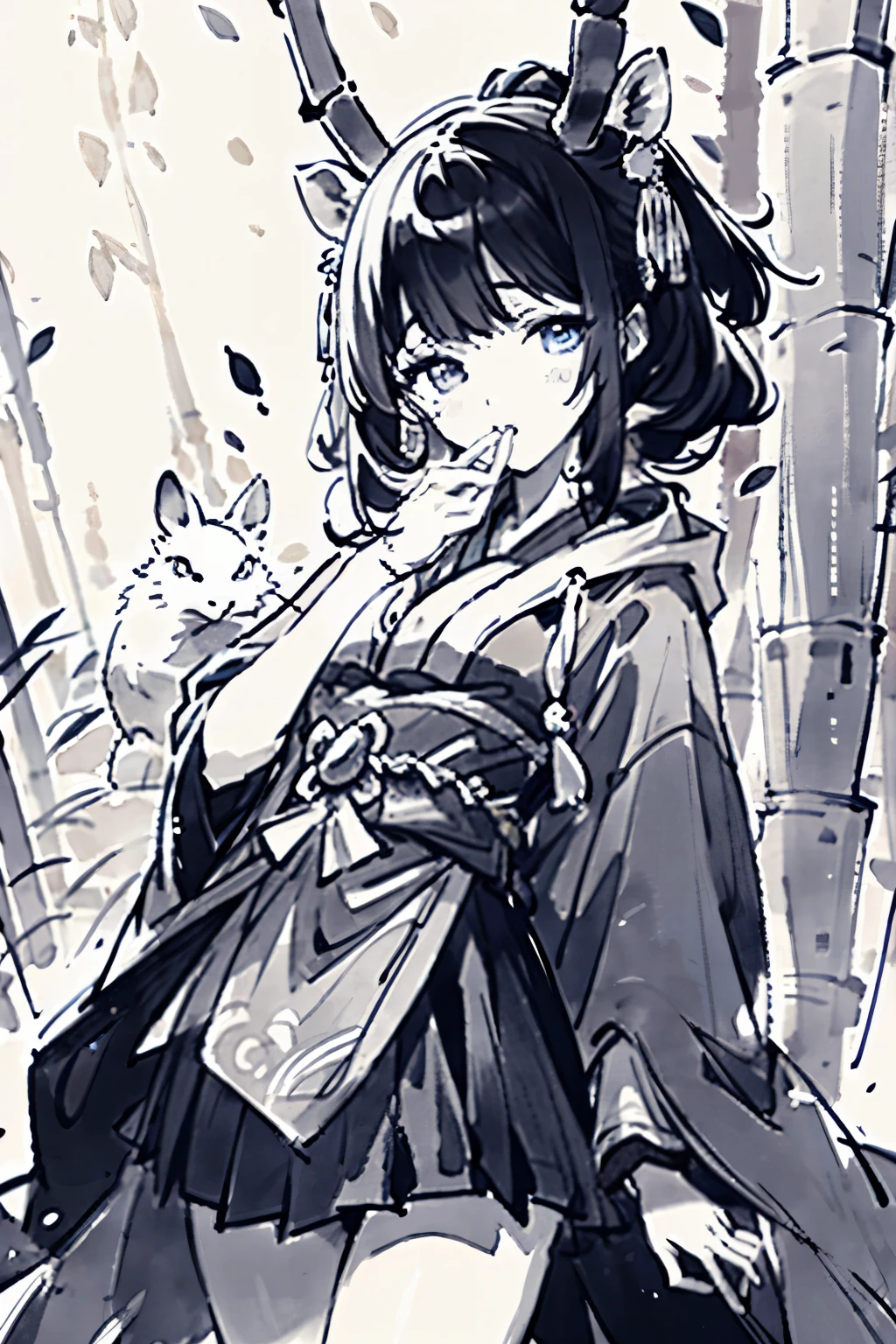 ((highest quality)), ((masterpiece)), (detailed), Monochrome、One girl,Tall girls、poncho、mini skirt、Wearing a hood、Talisman Hood、Deer horn、Bob Hair、blue eyes、Eyes without highlights、Hanging eyes、Bamboo shoots in mouth、Beautiful Face、Black Hair、Hair ornament made of strips、Tanzaku corner decoration、Black Arm、Thighs、Rain of Strips、Tanabata Decoration Forest、night、Cowboy Shot、front