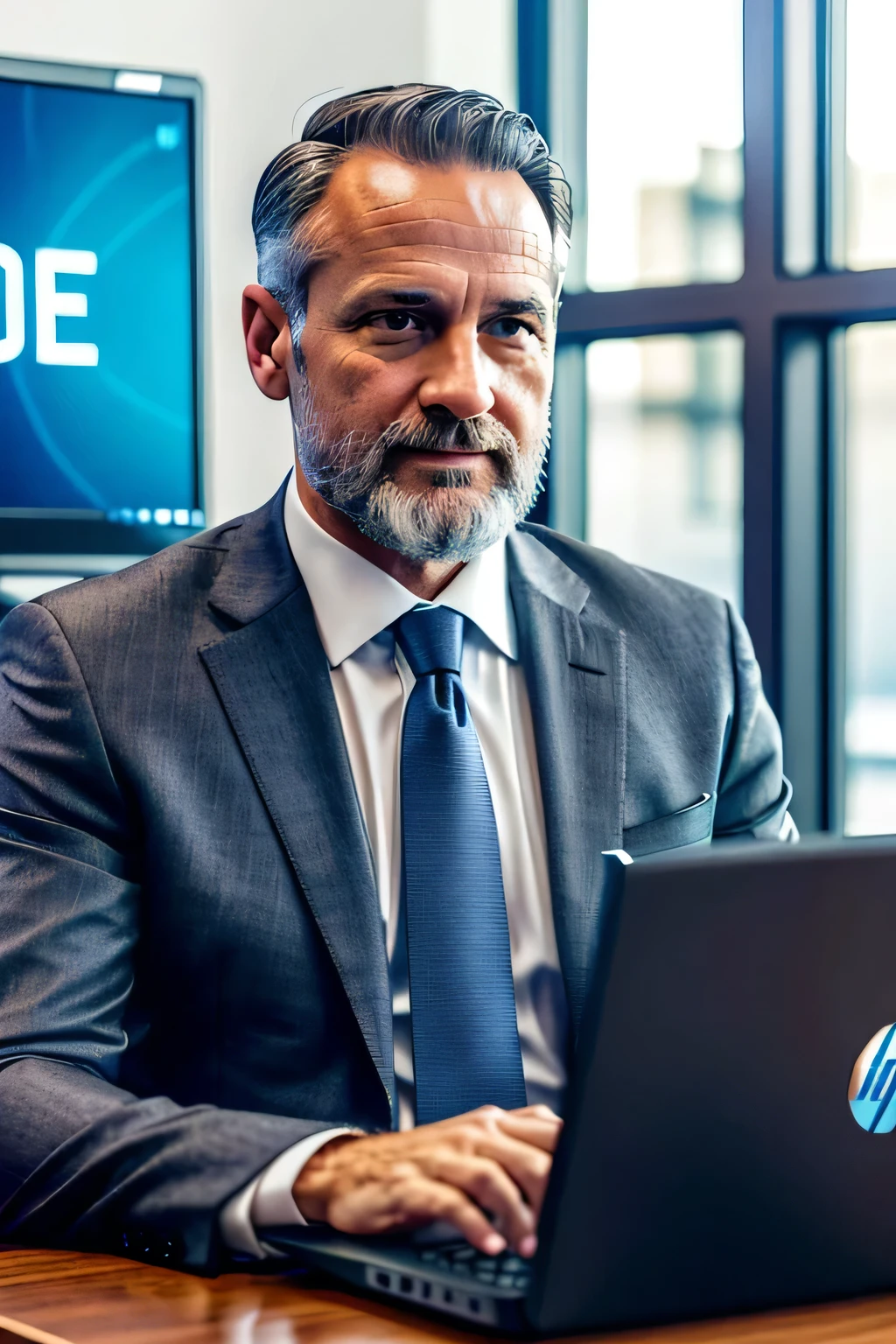 Create a realistic photo of a mid-aged man, around 45 years old, who is a knowledgeable and skilled business reseller. He is seated at his desk in a contemporary office setting, working on an HP 17-inch laptop. The focus of the image should highlight the man’s professional demeanor and the HP laptop prominently. The Man: Age: Mid-aged, approximately 45 years old. Attire: Wearing a well-fitted, dark-colored suit (navy or charcoal grey), with a crisp white dress shirt and a conservative tie. Appearance: Clean-shaven or with a neatly trimmed beard, hair well-groomed with slight greying at the temples to suggest experience. Expression: Focused and confident, with a slight smile to indicate approachability and competence. The Laptop: Brand: HP, specifically a 17-inch model. Placement: Open on the desk directly in front of the man, angled slightly towards the camera to clearly display the HP logo. Screen: The screen should show a business-related dashboard or spreadsheet, highlighting active work. Ensure the screen content is visible but not overly detailed to avoid distraction. Focus: The emphasis should be on the HP 17-inch laptop (need to show the whole laptop), and the man's professional demeanor, with the background elements adding context and realism without drawing attention away from the primary subjects.