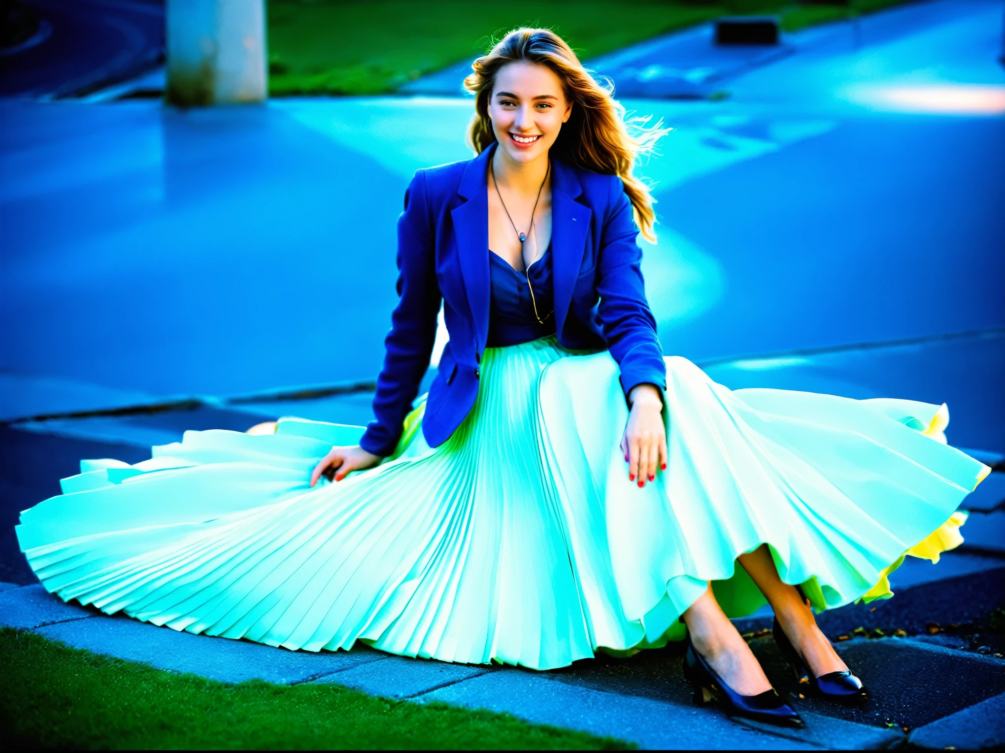 A smiling, authentic, (shy:1,3), kind, beautiful woman, is passionately in love with her skirt, wind wildly flowing her skirt, wearing short blazer and (long (fully pleated) full circle skirt) and (low heeled court shoes), very, very intricate hyper-detailed symmetric (attractive graceful young feminine face) with (sad, tired eyes and a loving smile), very voluptuous breasts, full of empathy and compassion and love, (pronounced (feminine) features), (highly detailed ultra accurate realistic) hands and fingers, (windy), epic composition, highly detailed attributes, (35mm f1.4 Kodak portra 400 photograph), extremely high quality RAW photograph, highly detailed atmosphere, sci-fi, cinematic shot, dynamic lighting, 75mm, Technicolor, Panavision, cinemascope, sharp focus, fine details, 8k, HDR, realism, realistic, key visual, film still, superb cinematic color grading, depth of field
