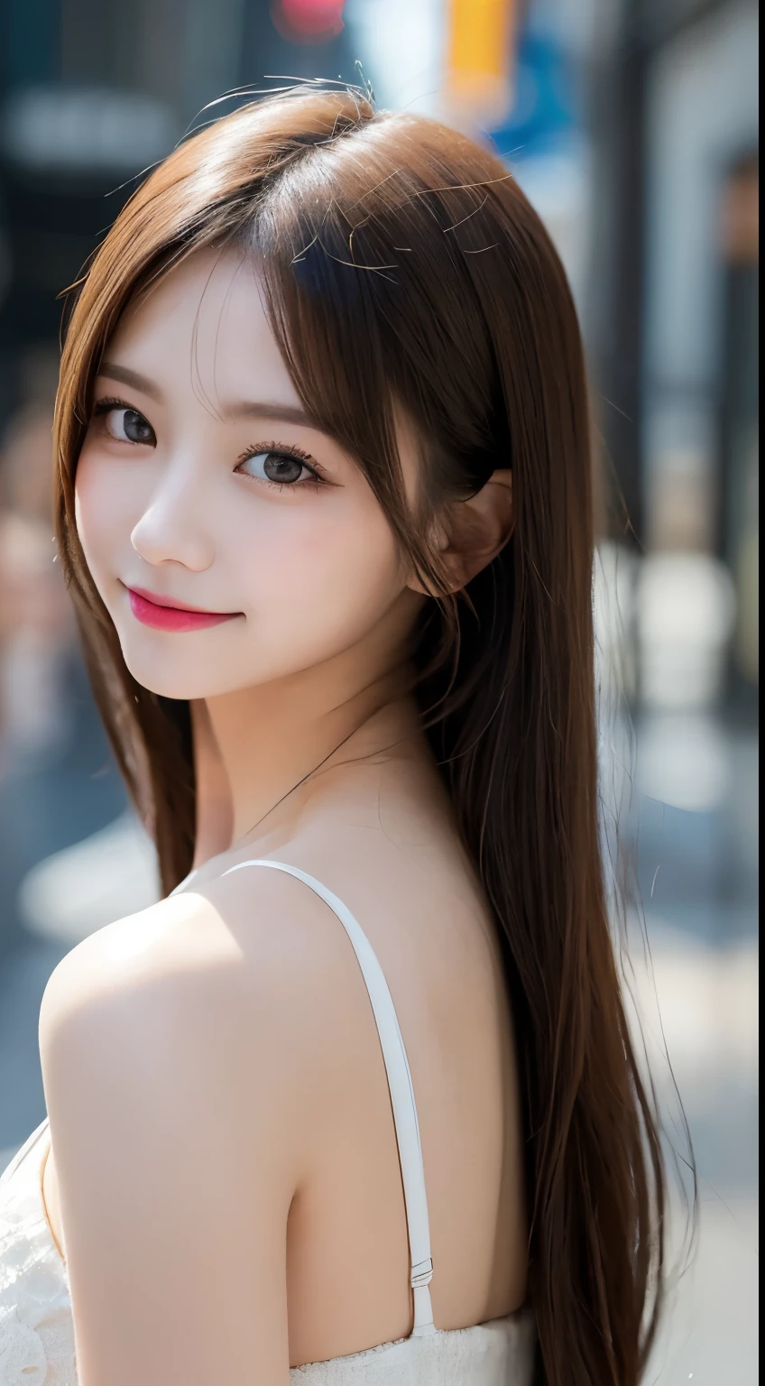 Tabletop, highest quality, shape, Very detailed, finely, High resolution, 8k wallpaper, 完璧なダイナミックな構shape, Beautiful and exquisite,ランダムなcute髪,,Natural color lip, Bold sexy pose,smile、20-year-old girl、cute、Looking into the camera,Always blur the background,Perfect and beautiful face,Slim face and figure,Big eyes、Putting on gal makeup,Small face,Shooting from below、smile,Blurred Background,Elegant feminine face、Cyberpunk Fashion