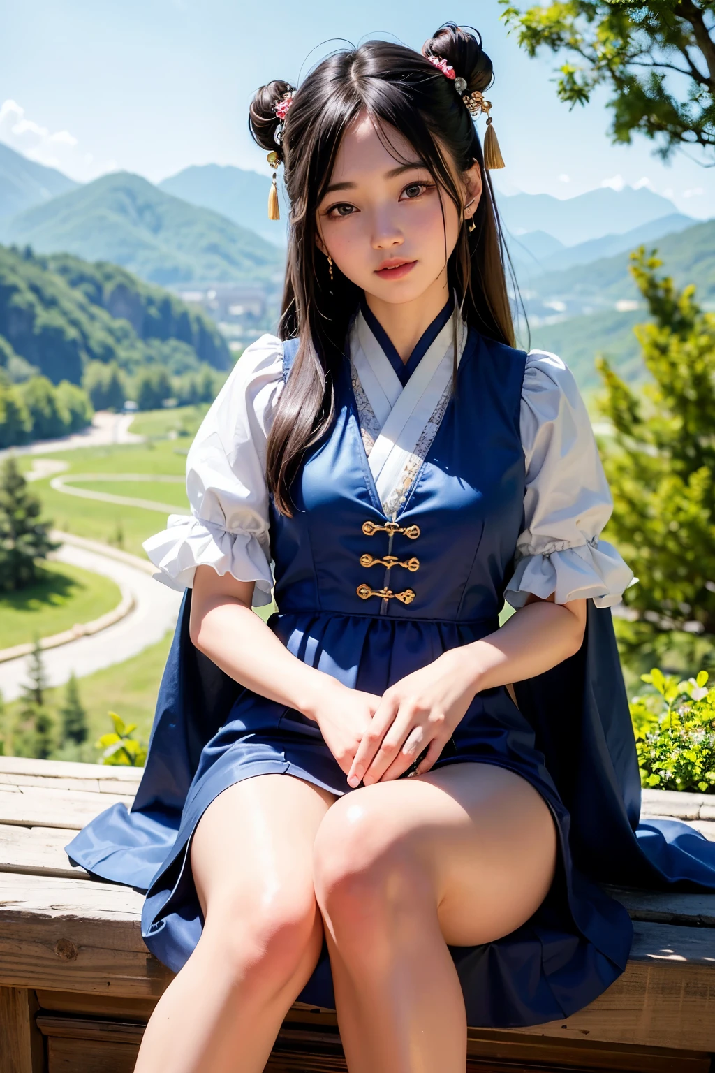 ((best quality)), ((masterpiece)), (detailed), 1 Girl, Positive face,Han hair accessories,Chinese style, antiquity,Long skirt,Long hair,In the beautiful mountains,Highest quality,Super HD,Maximum detail