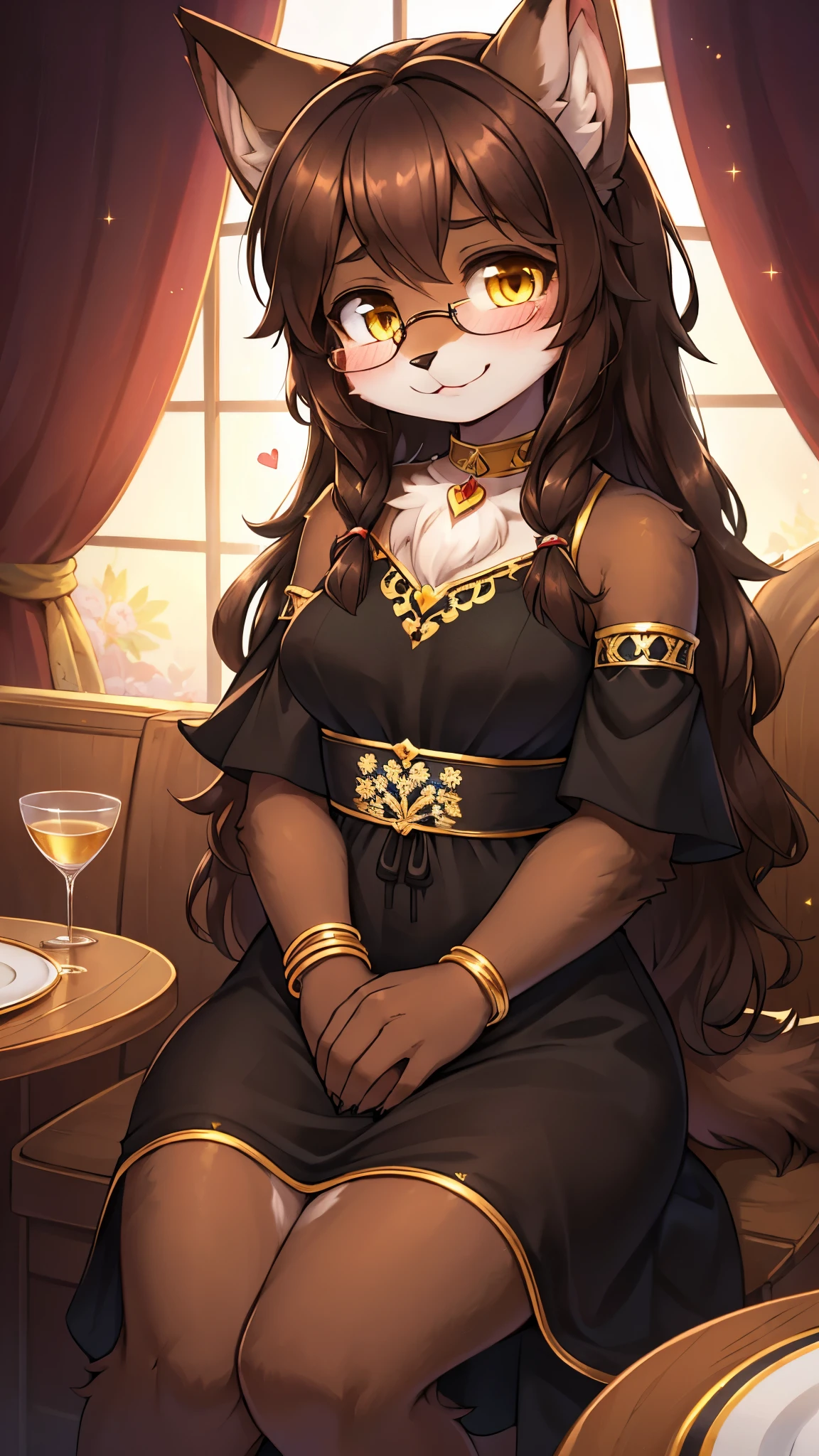 best quality,best resolution,(fluffy anthro furry :1.6),(young :1.6),cat girl,(dark brown hair :1.6),long hair,wavy hair,yellow eyes,glistering eyes,sparkle eyes,ultra detailed eyes,(dark brown fur :1.6),(black dress with gold embroidery),gold heart neclace,glasses,floral hair ornaments,floral bracelets,gorgeous restaurant,chanderia,sparkle stars surrounded,romantic light,full face blush,looking at viewer,heart expression eyes,heart eyes,passionated face,smile,sitting,hands on face
