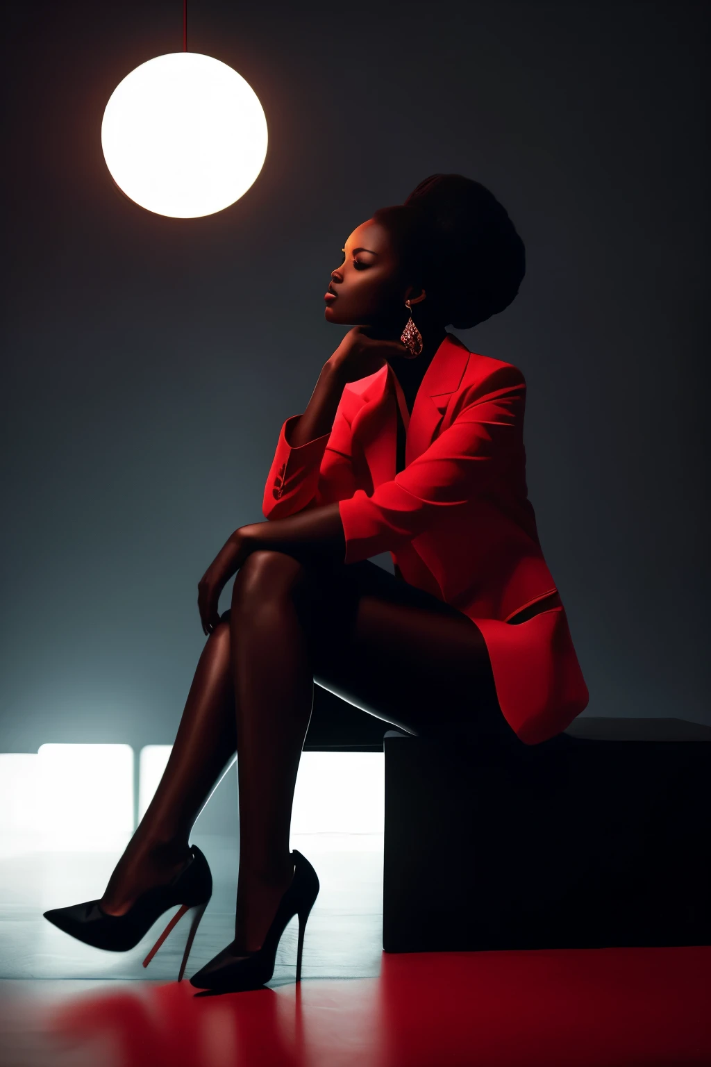 Side angle shot of black woman sitting model pose in a room full of abstract shapes of circles, triangles and squares, with a red sphere in the background, black and white picture with only the red sphere in colour, ultra HD, cinematic lighting, 32k