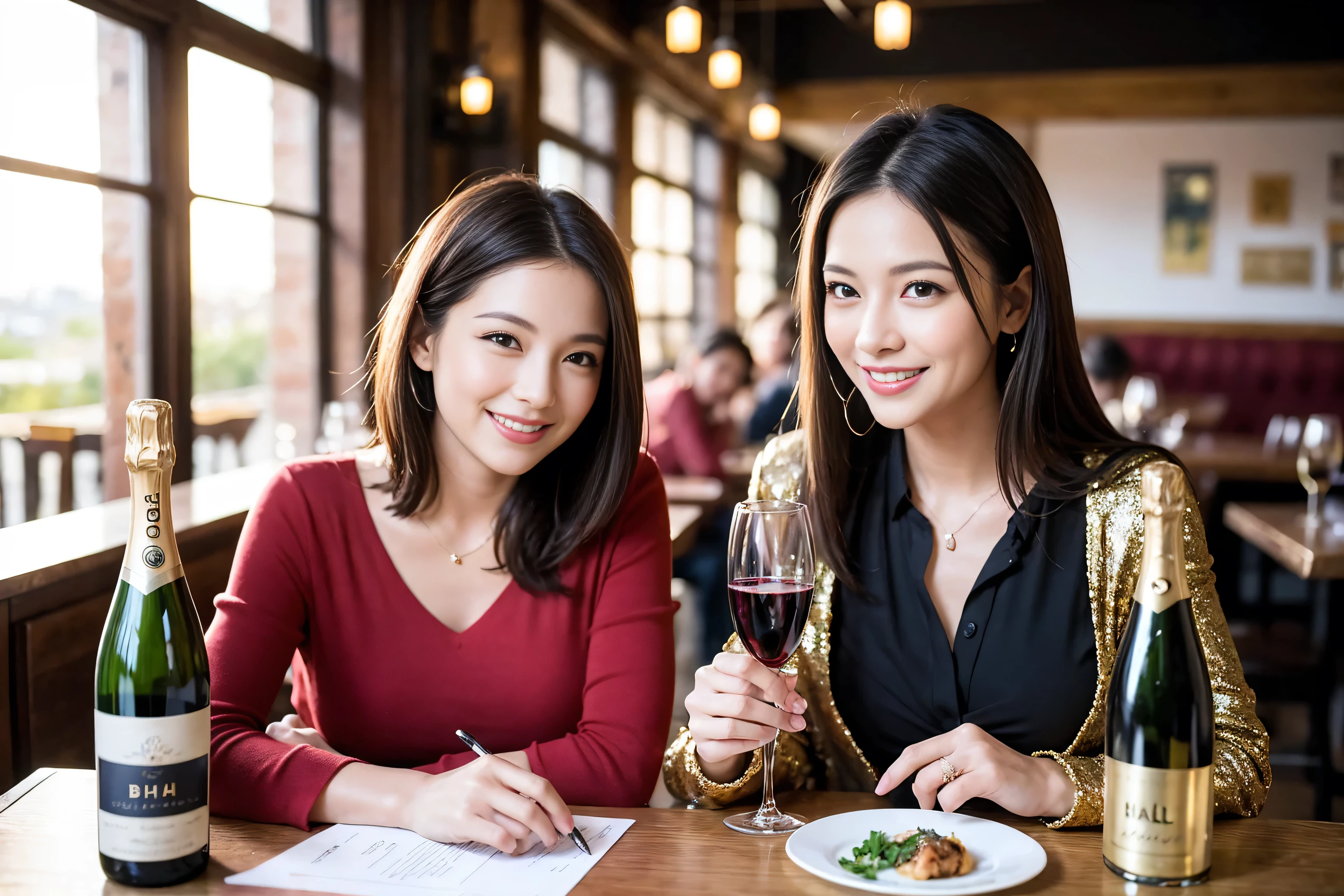((highest quality、8k、masterpiece:1.3))、1 male 1 female、lover、Beautiful couple、Smile、full-course dinner、 (Slim face), (the body is スリム), (Brown Hair), (Shortcuts), ((Bob Hale、Straight hair:1.2)), Wine glass on the table、shine a light on your face、 Amazing view of the sunset sky and clouds、The beauty of a smile、Bright image、Blushing, Shortcuts, (Age 35), 39 years old, Appetizers、Italian food、Wine bottle、Champagne、sparkling wine、Long sleeve shirt、dress、Attractive beauty、restaurant, Nova Frog Style, actress, model, Upper Body, White wine, red wine, wine glass, 