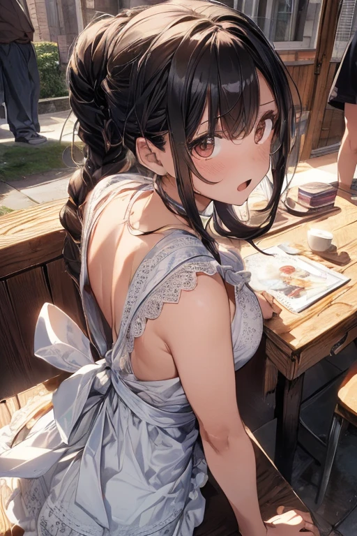 (from above:1.2),(from side:0.9),(A masterpiece of image quality in 8K),(Beautiful Allafed Woman),(((emphasizing breasts:1.1))),(Dynamic angles),(Dynamic and sexy bending pose:1.3),(sit a chair:1.1),(Short hair in shiny silver and orange inner colors,small full breasts,Disturbance of clothing due to movement,breast slip,(Ponytail twisted buns adorned with elaborate braids and beads,Braided Setup Fishbone Hair,),(see-through bangs),(perky chest:1.1), (pointed chest:1.3), small breasts、(((A white lace apron that shows your bare skin from under your small breasts)))、Blush with embarrassment、Enraptured eyes、A smile that beguiles the viewer、(Look back:1.7)、Look into the photographer,skin glistening with sweat,gazing at viewer,,(Professional Lighting),(8K,masutepiece,top-quality,Ultra-high resolution output image,),(Ultra HD with complex detail image modes),depth of fields,Beautiful hands,Beautiful fingers,Detailed finger features,(Detailed hair features:1.7),detailed facial features,detailed clothes features, (perky chest:1.1), (pointed chest:1.3), seductive weak smiling,(with sparkling eyes and a contagious smile),little open mouth, 