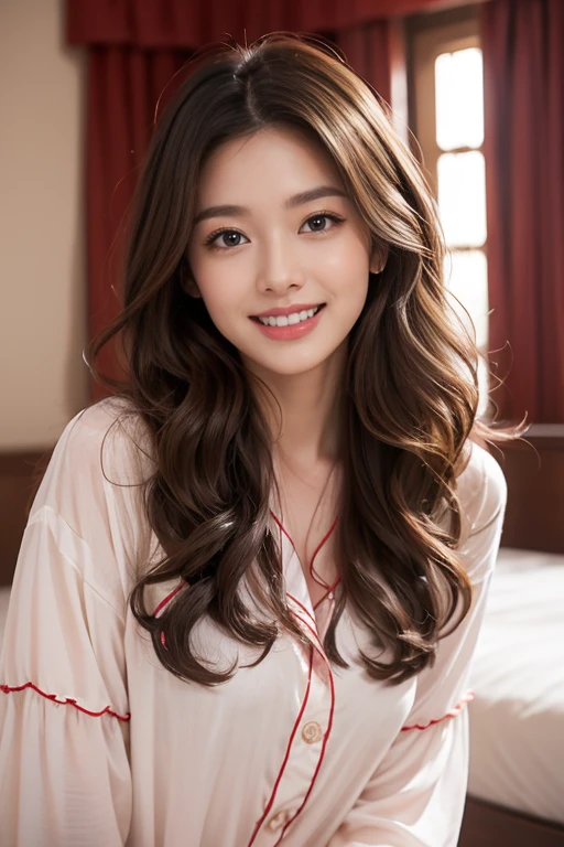 highest quality、4K、Perfect Face、Perfect Style、Sunburn、beautiful、pajamas、Mature、long curly layer brown hair、Swept-back hair、full body, pierce、in bedroom、giddy-smile、