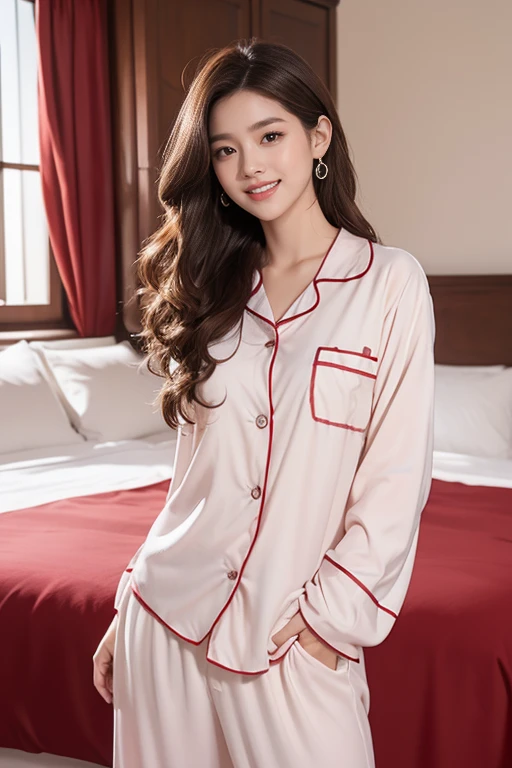 highest quality、4K、Perfect Face、Perfect Style、Sunburn、beautiful、pajamas、Mature、long curly layer brown hair、Swept-back hair、full body, pierce、in bedroom、giddy-smile、