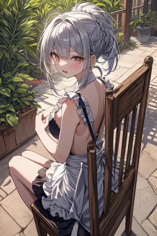 (from above:1.2),(from side:0.9),(A masterpiece of image quality in 8K),(Beautiful Allafed Woman),(((emphasizing breasts:1.1))),(Dynamic angles),(Dynamic and sexy bending pose:1.3),(sit a chair:1.1),(Short hair in shiny silver and orange inner colors,small full breasts,Disturbance of clothing due to movement,breast slip,(Ponytail twisted buns adorned with elaborate braids and beads,Braided Setup Fishbone Hair,),(see-through bangs),(perky chest:1.1), (pointed chest:1.3), small breasts、(((A white lace apron that shows your bare skin from under your small breasts)))、Blush with embarrassment、Enraptured eyes、A smile that beguiles the viewer、(Look back:1.7)、Look into the photographer,skin glistening with sweat,gazing at viewer,,(Professional Lighting),(8K,masutepiece,top-quality,Ultra-high resolution output image,),(Ultra HD with complex detail image modes),depth of fields,Beautiful hands,Beautiful fingers,Detailed finger features,(Detailed hair features:1.7),detailed facial features,detailed clothes features, (perky chest:1.1), (pointed chest:1.3), seductive weak smiling,(with sparkling eyes and a contagious smile),little open mouth, 