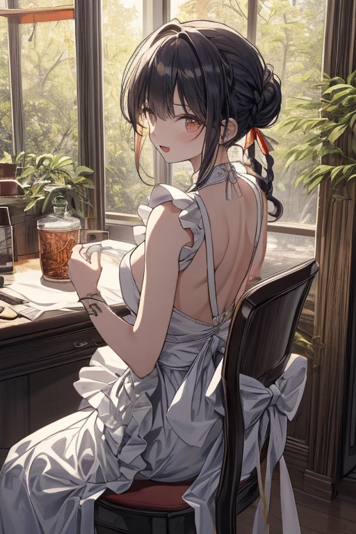 (from below:1.2),(from side:0.9), ((Face)), (Close-Up:0.4), (A masterpiece of image quality in 8K),(Beautiful Allafed Woman),(((emphasizing breasts:1.3))),(Dynamic angles),(Dynamic and sexy bending pose:1.3),(sit a chair:1.3),(Short hair in shiny silver and orange inner colors,large full breasts,Disturbance of clothing due to movement,breast slip,(Ponytail twisted buns adorned with elaborate braids and beads,Braided Setup Fishbone Hair:1.2),(see-through bangs),small breasts,(((A brown lace apron that shows your bare skin from under your small breasts.......)))、Blush with embarrassment、Enraptured eyes、 open mouth,A smile that beguiles the viewer、(Look back:1.7)、Look into the photographer,skin glistening with sweat,gazing at viewer,,(Professional Lighting),(masutepiece,top-quality,Ultra-high resolution output image,),(Ultra HD with complex detail image modes),depth of fields,Beautiful hands,Beautiful fingers,Detailed finger features,(Detailed hair features:1.7),detailed facial features,detailed clothes features,
