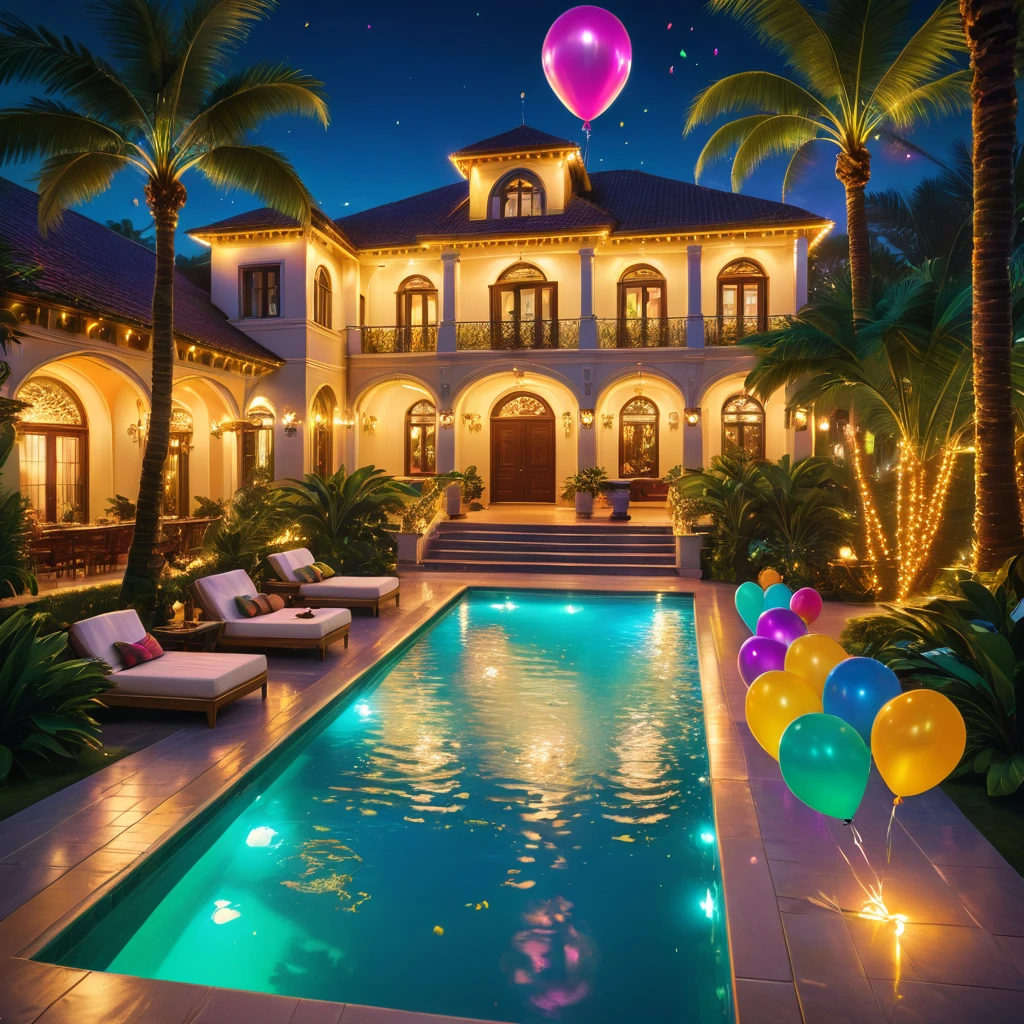 A tropical beach party, ornate opulent mansion, pepe_the_frog, wealthy socialite, swimming pool, palm trees, colorful neon lights, lavish furniture, champagne glasses, glitter, balloons, dancing, disco ball, mood lighting, luxurious, photorealistic, 8k, best quality, highly detailed, cinematic, dramatic lighting