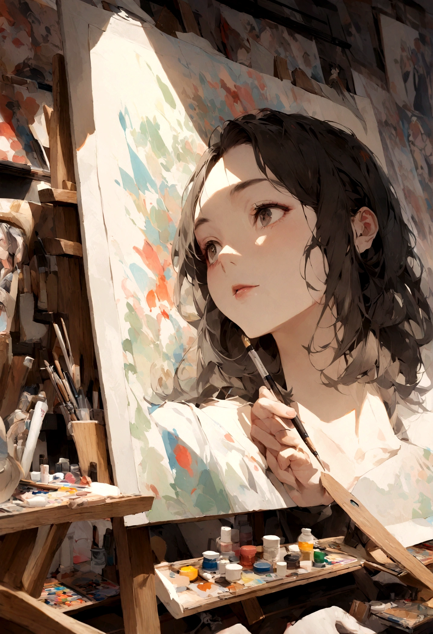 A skilled rabbit painter in a studio, surrounded by art supplies, working on a detailed portrait with focus and precision.