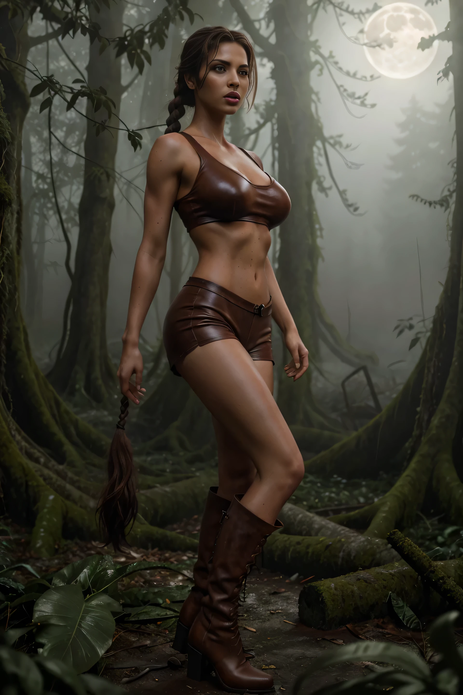 full body side view beauty sensual, sexy, bombshell, lara croft, long brown braided hair, brown eyes, high arched eyebrows, long, graceful neck, red lips, big breast, tight brown leather shorts, pale green sleeveless torn t-shirt, leather boots, abandoned standing in the garden of an ancient castle overgrown with plants, reaching out to the moon realistic, photorealistic, photorealistic, horror atmosphere, dark and gloomy atmosphere, with dramatic lighting, Foggy environment, Mossy trees, detailed facial expressions, Scary fog
