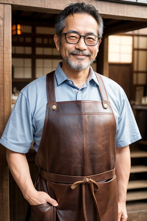 A Japanese handmade leather craftsman, a middle-aged man, wearing a leather work apron, short beard, glasses, and a friendly and friendly smile, with some wrinkles on his face. He needs high-definition and realistic real photos